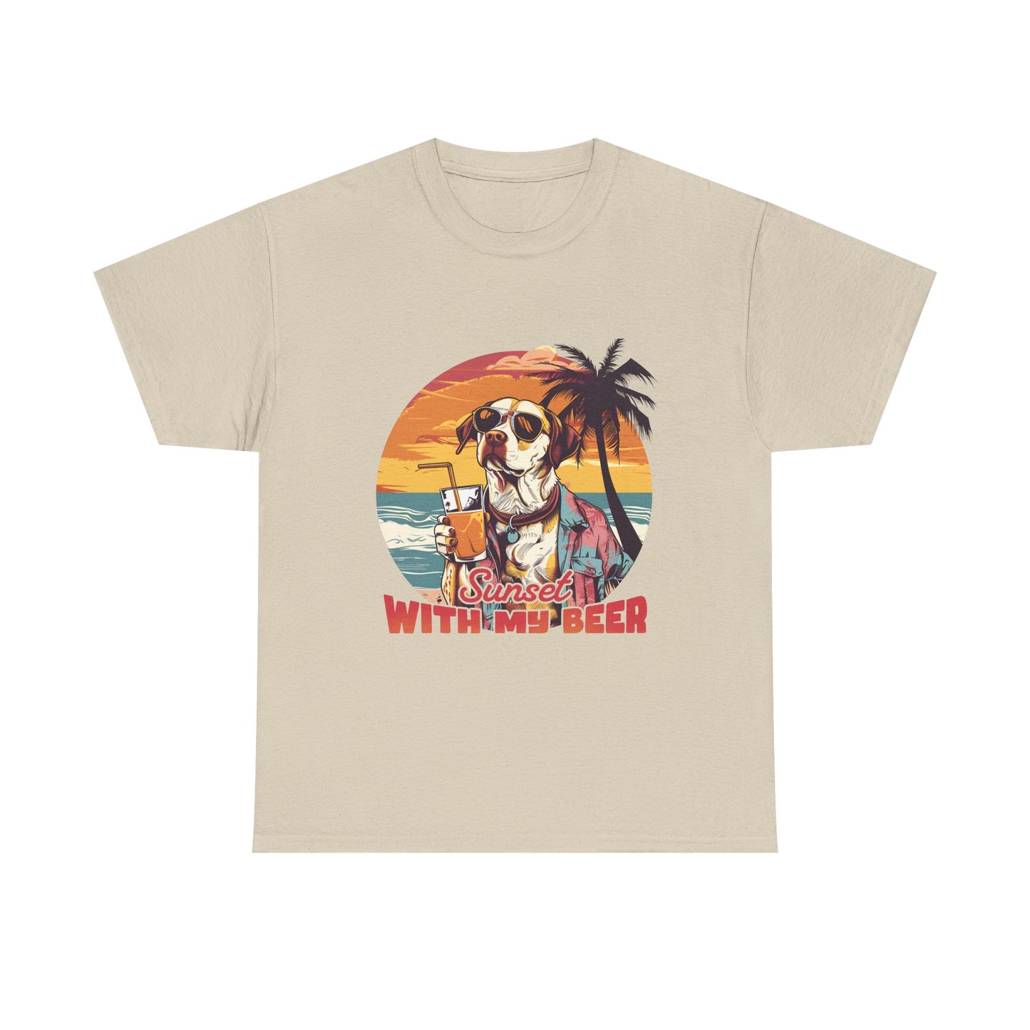 T-Shirt — Sunset With My Beer Dog Graphic Tee — Retro Tropical Beach Vibes