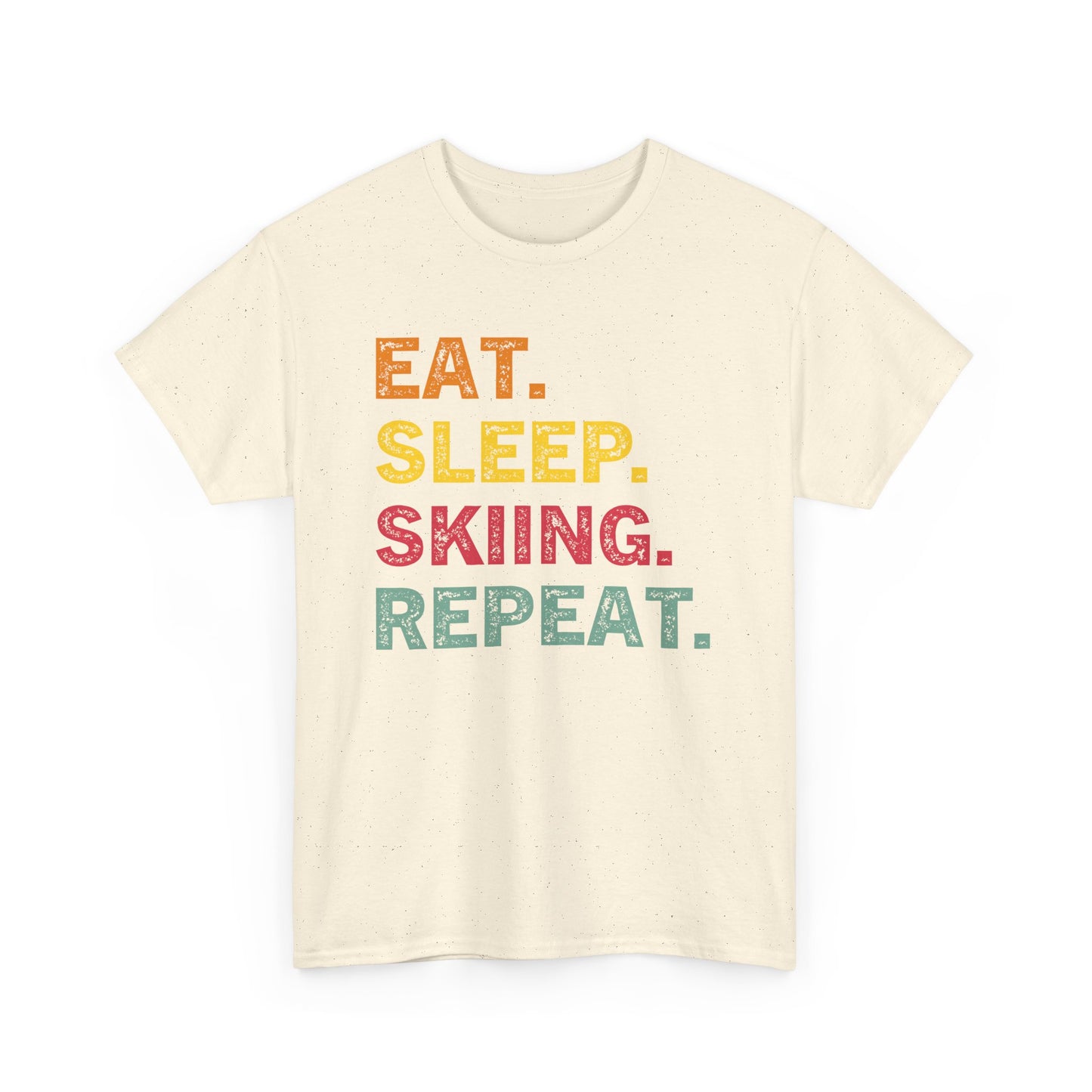 Ski T-Shirt — “Eat. Sleep. Skiing. Repeat.” Retro Colorblock Skiing Tee
