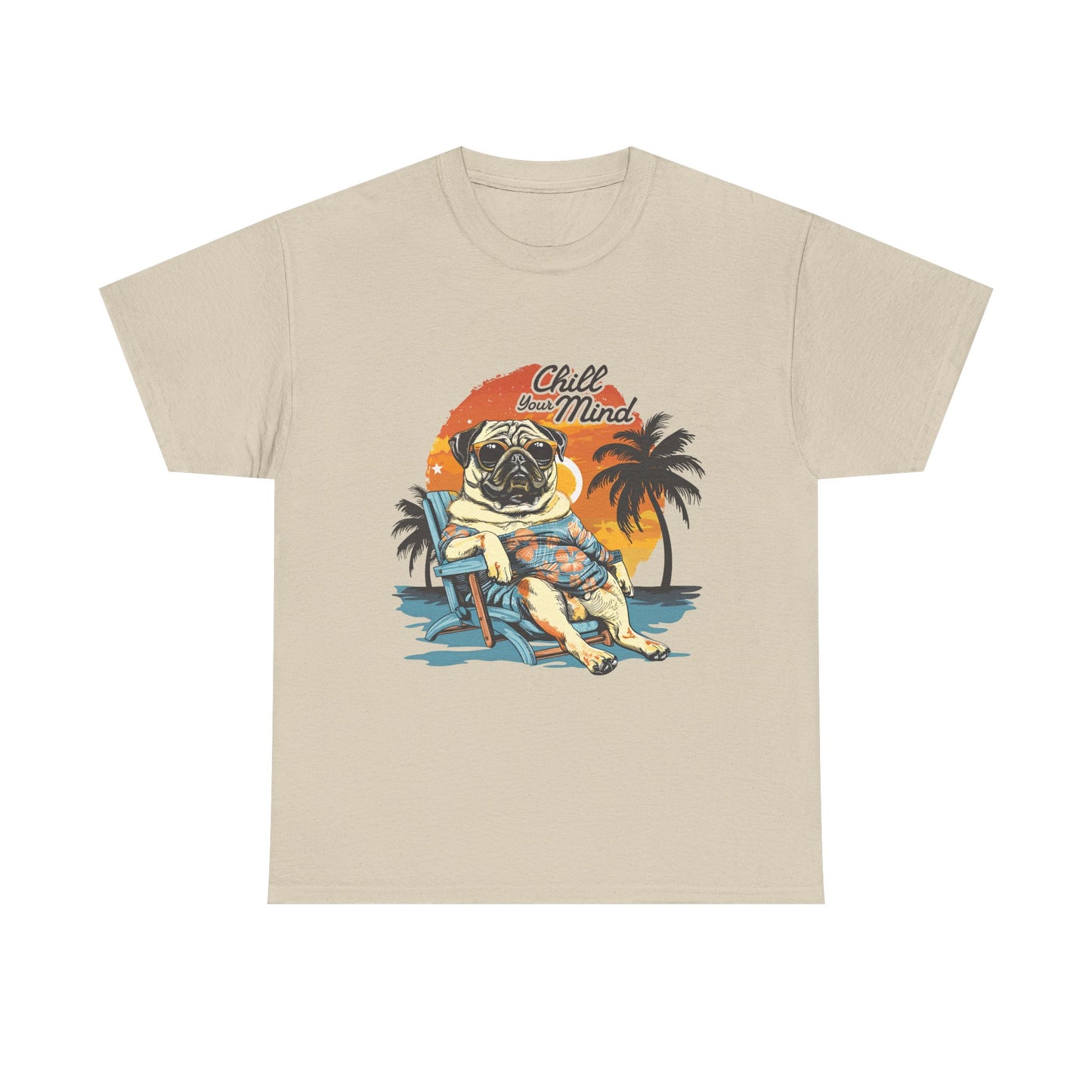 Pug “Chill Your Mind” Beach T-Shirt — Retro Palm Sunset Vacation Tee