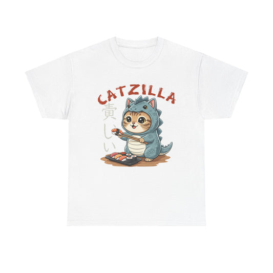 Catzilla T-Shirt — Cute Cat Dinosaur Costume Eating Sushi Graphic Tee