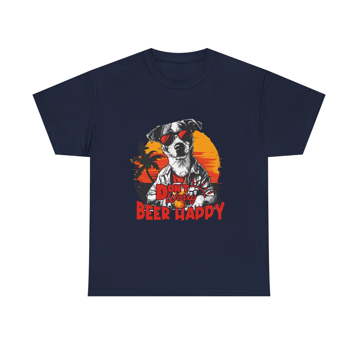 Dog With Beer T-Shirt - "Don't Worry Beer Happy" Retro Sunset Tee