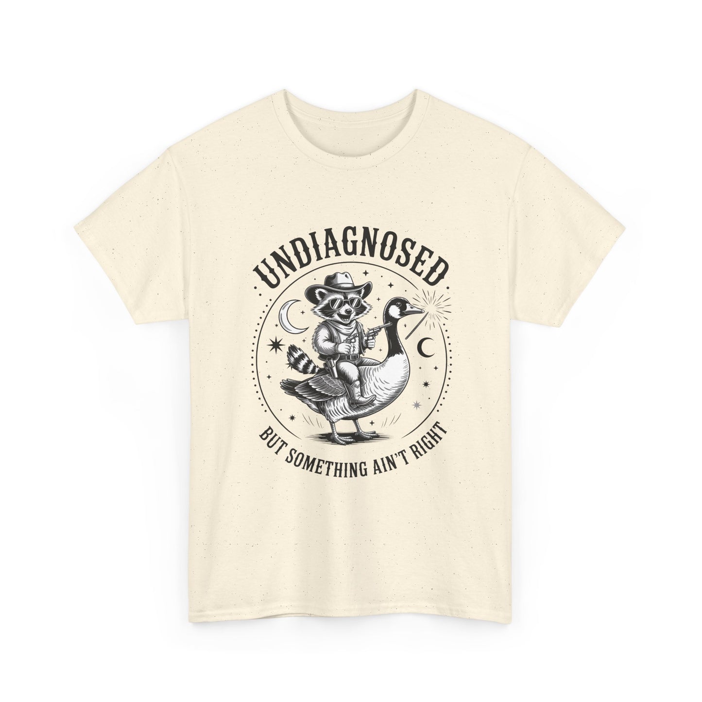 Undiagnosed But Something Ain't Right T-Shirt — Funny Retro Raccoon Riding Goose Tee