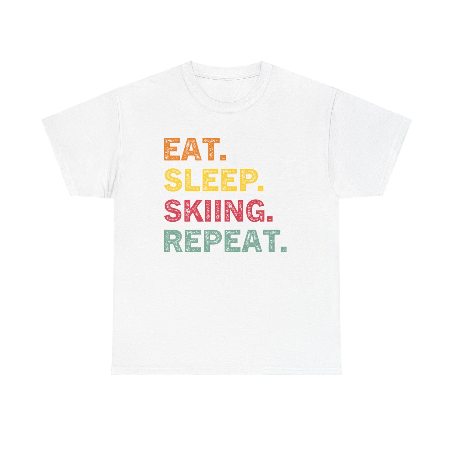 Ski T-Shirt — “Eat. Sleep. Skiing. Repeat.” Retro Colorblock Skiing Tee