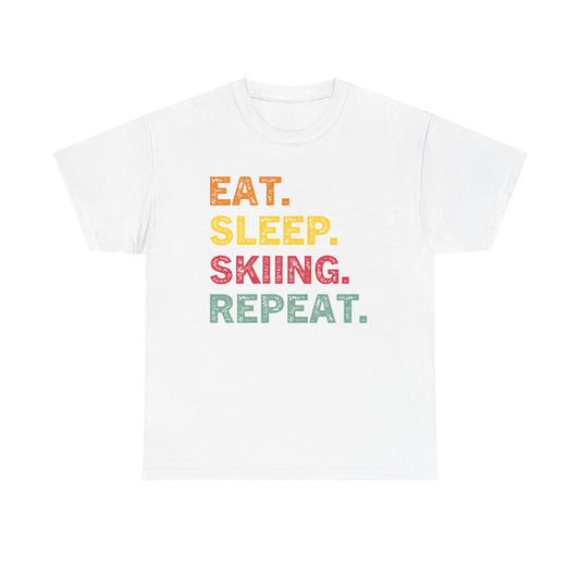 Ski T-Shirt — “Eat. Sleep. Skiing. Repeat.” Retro Colorblock Skiing Tee