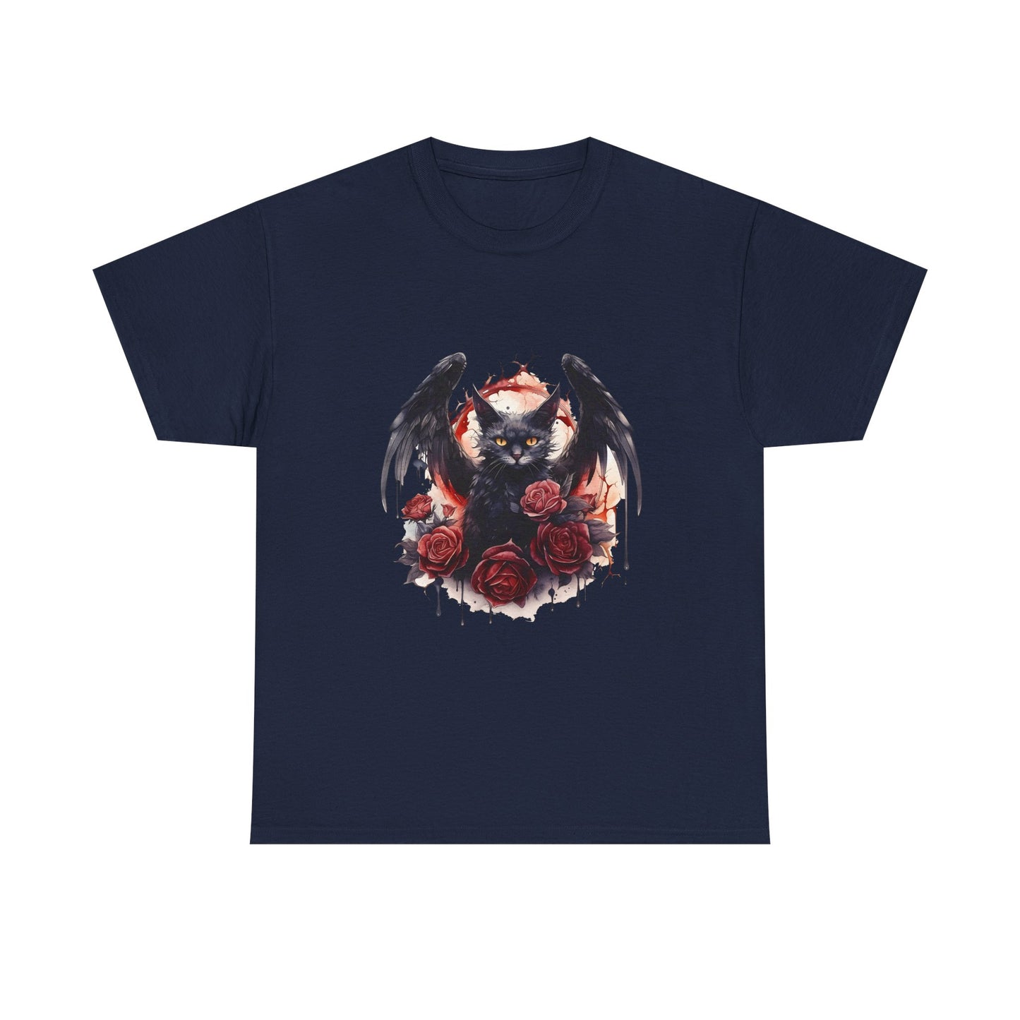 Cat Demon Tee — Gothic Bat-Wing Cat with Roses Graphic Shirt