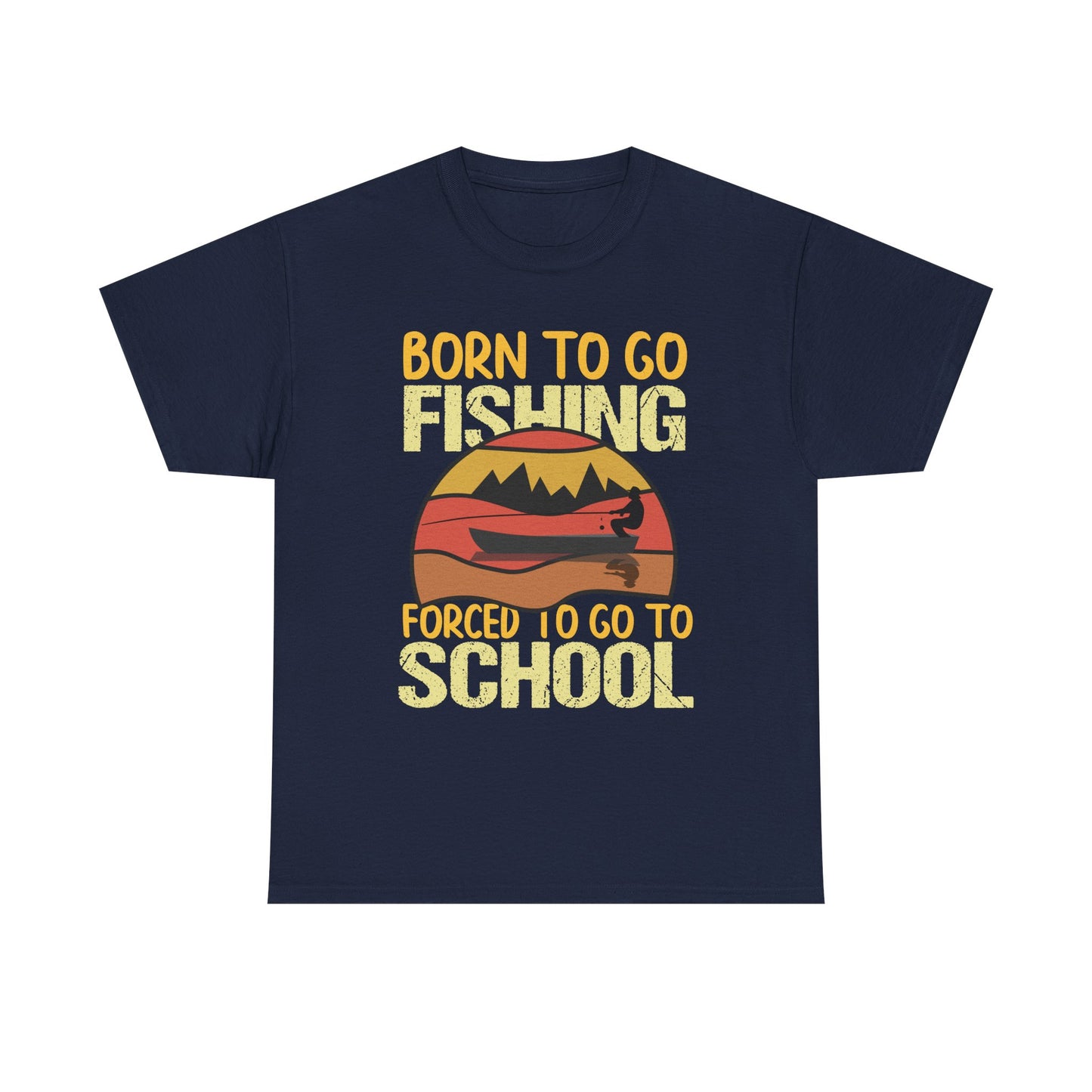 Fishing Graphic Tee - "Born to Go Fishing, Forced to Go to School" Retro Sunset T-Shirt for Kids & Teens