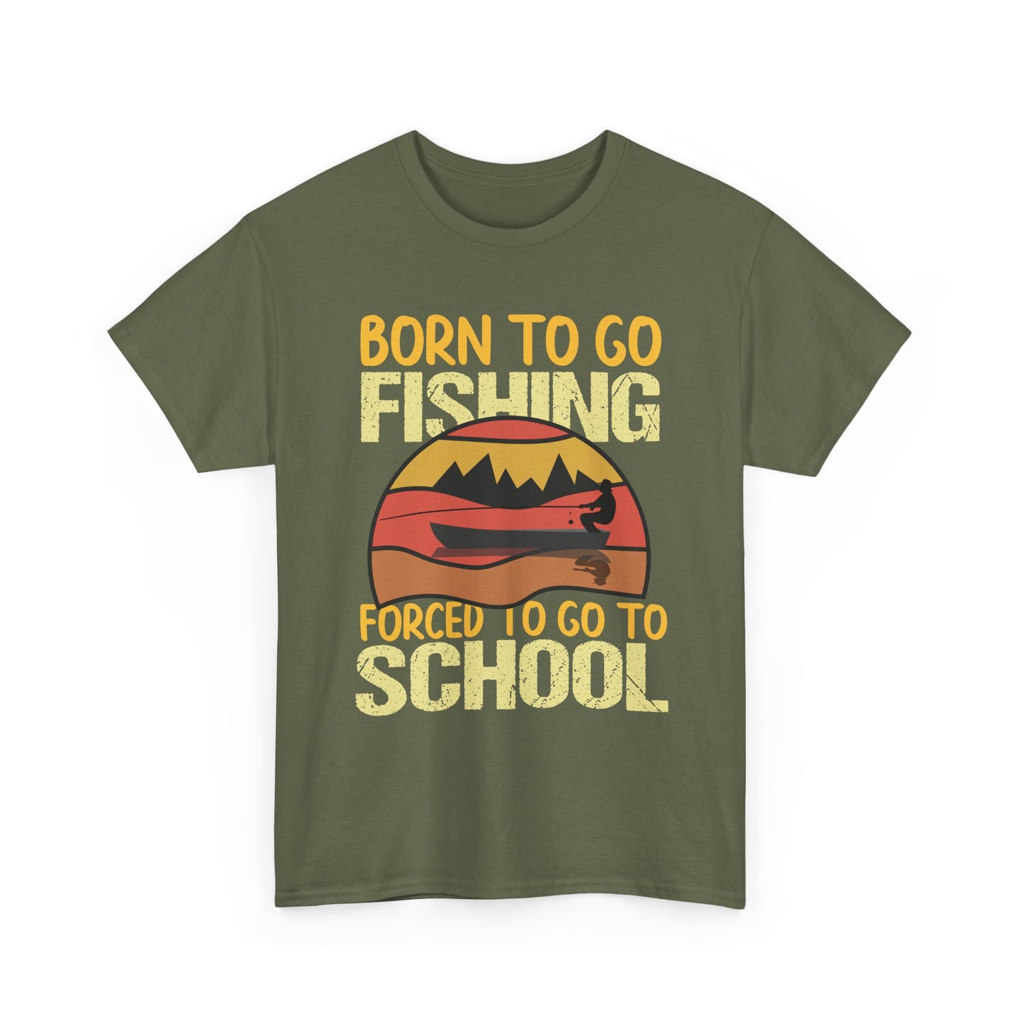 Fishing Graphic Tee - "Born to Go Fishing, Forced to Go to School" Retro Sunset T-Shirt for Kids & Teens