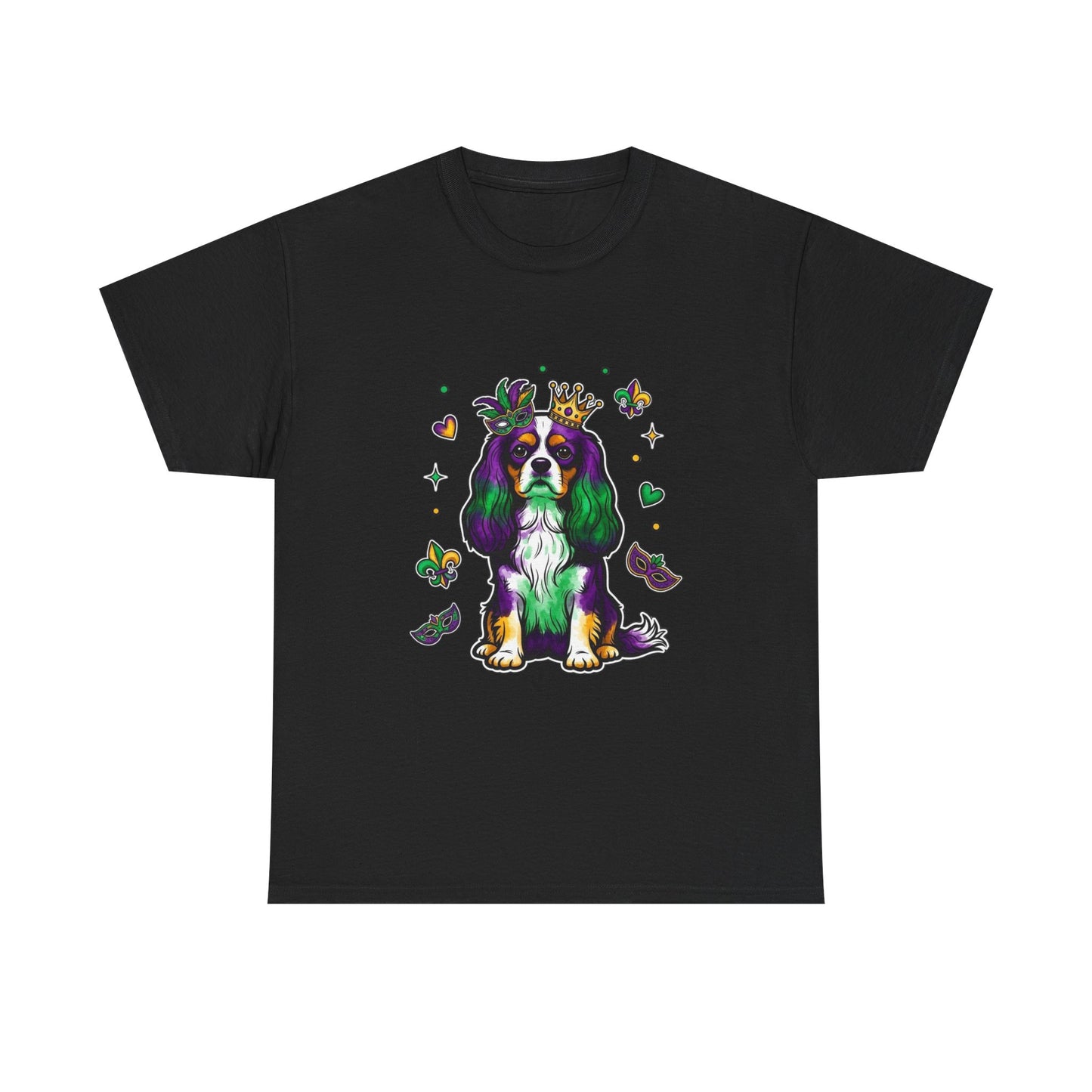 Mardi Gras Cavalier King Charles Dog T‑Shirt — King & Mask Festival Tee