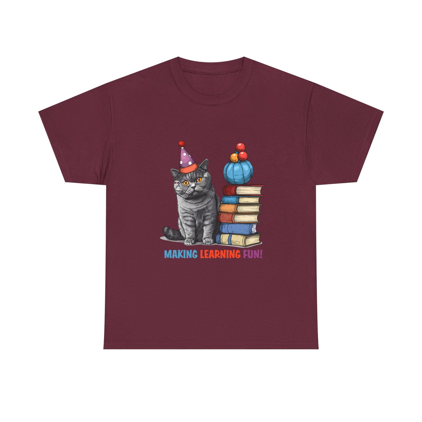 Cat Teacher T-Shirt — "Making Learning Fun!" Cute School Cat with Books Tee
