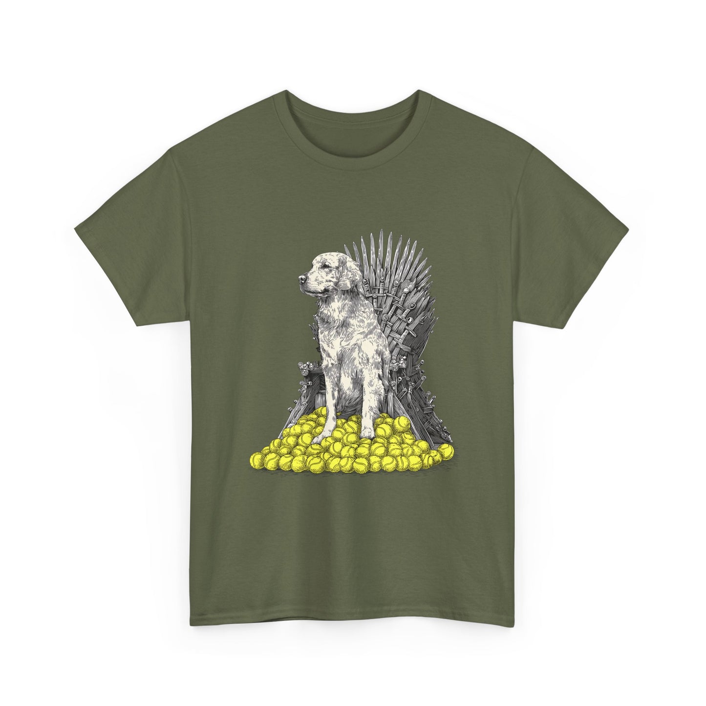 Dog Throne T‑Shirt — Dog on Iron Throne of Tennis Balls Graphic Tee