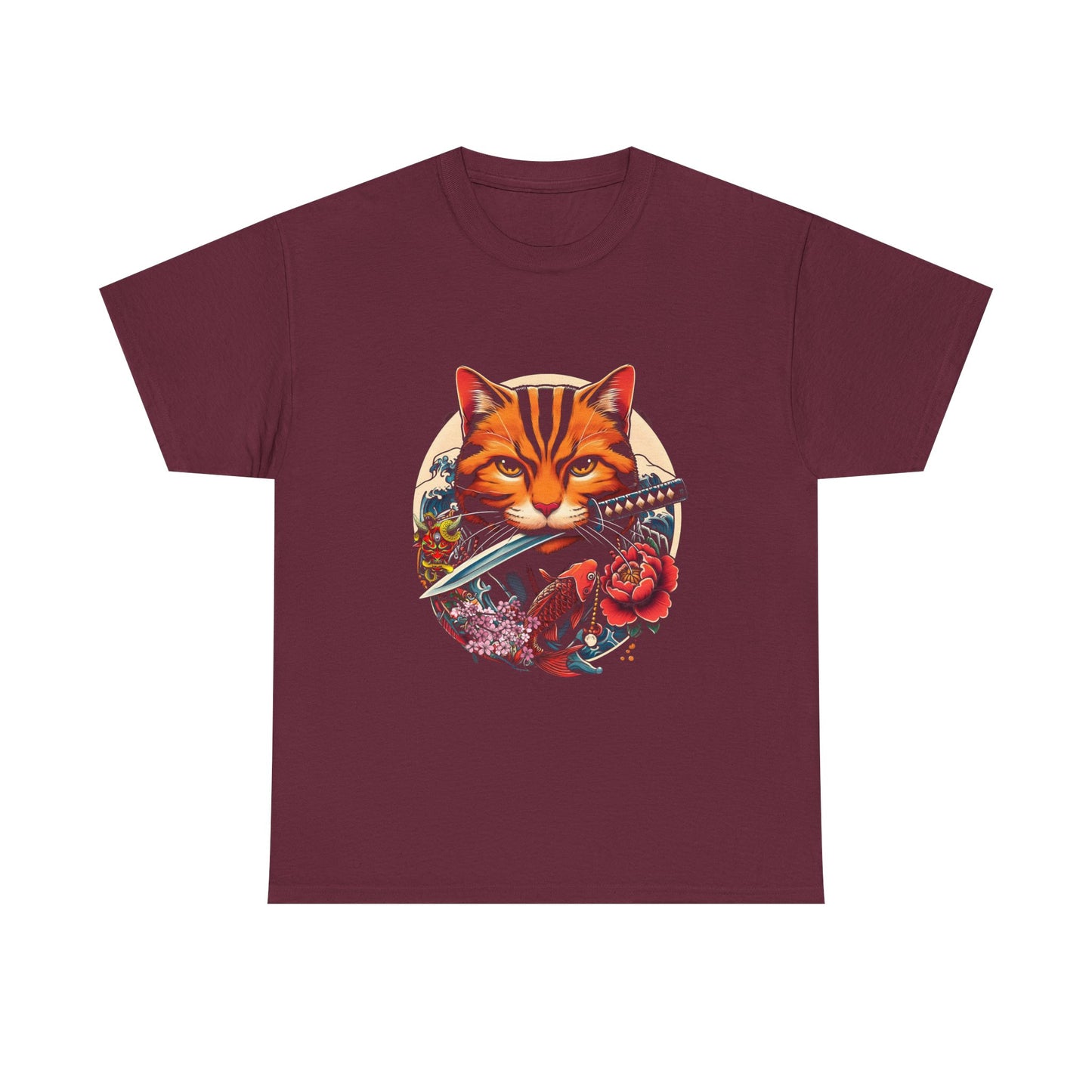 Cat Samurai T‑Shirt — Orange Tabby with Sword & Floral Crest