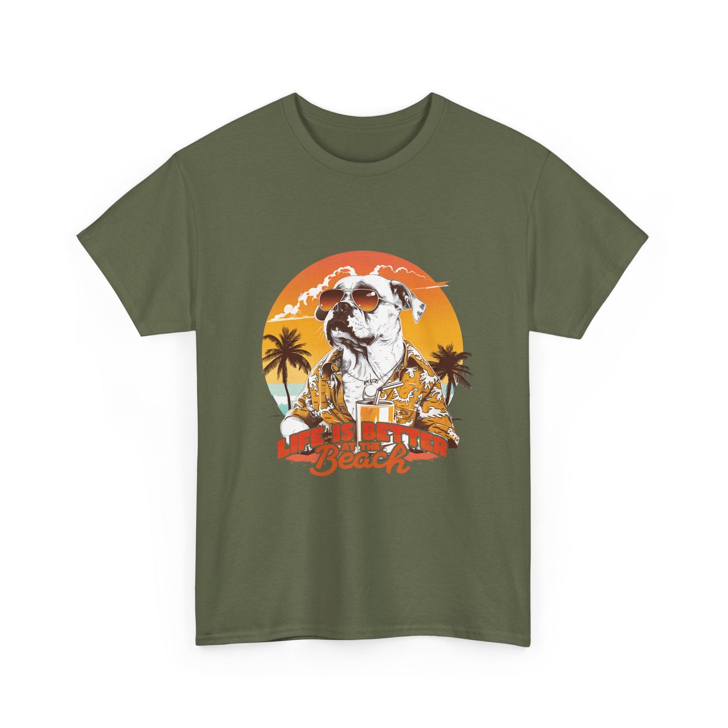 Beach Dog T‑Shirt — "Life Is Better at the Beach" Vintage Sunset Tee