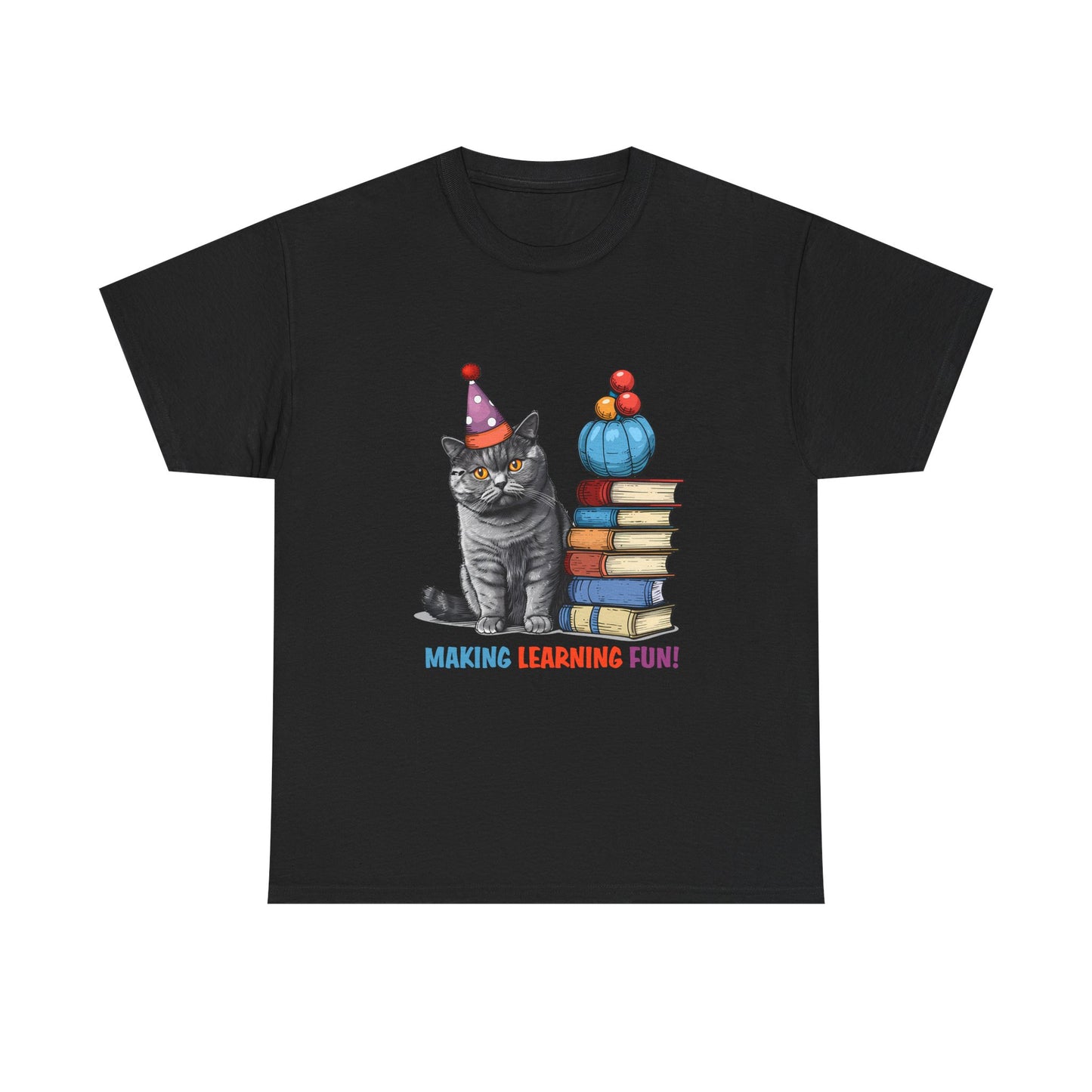 Cat Teacher T-Shirt — "Making Learning Fun!" Cute School Cat with Books Tee