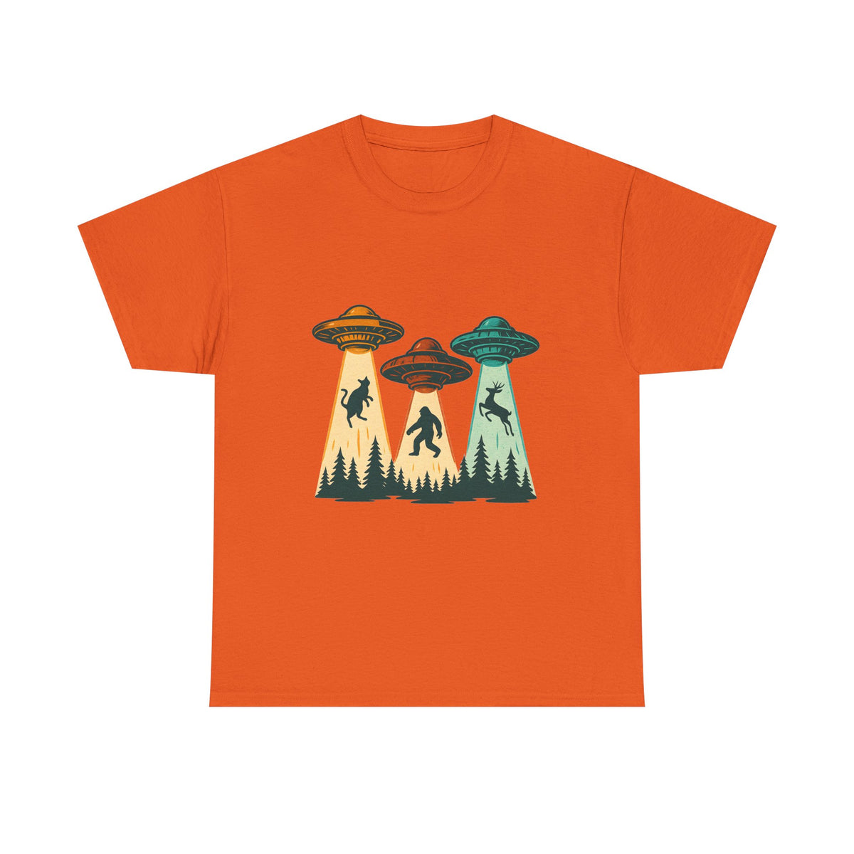 Alien Abduction UFO Tee — Retro Forest Beams T‑Shirt