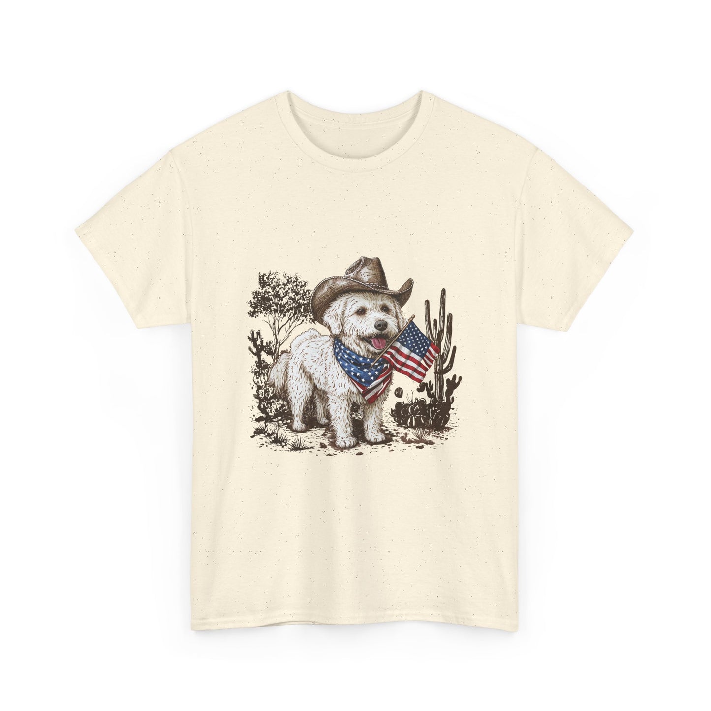 Patriotic Puppy Tee — Cowboy Dog with American Flag