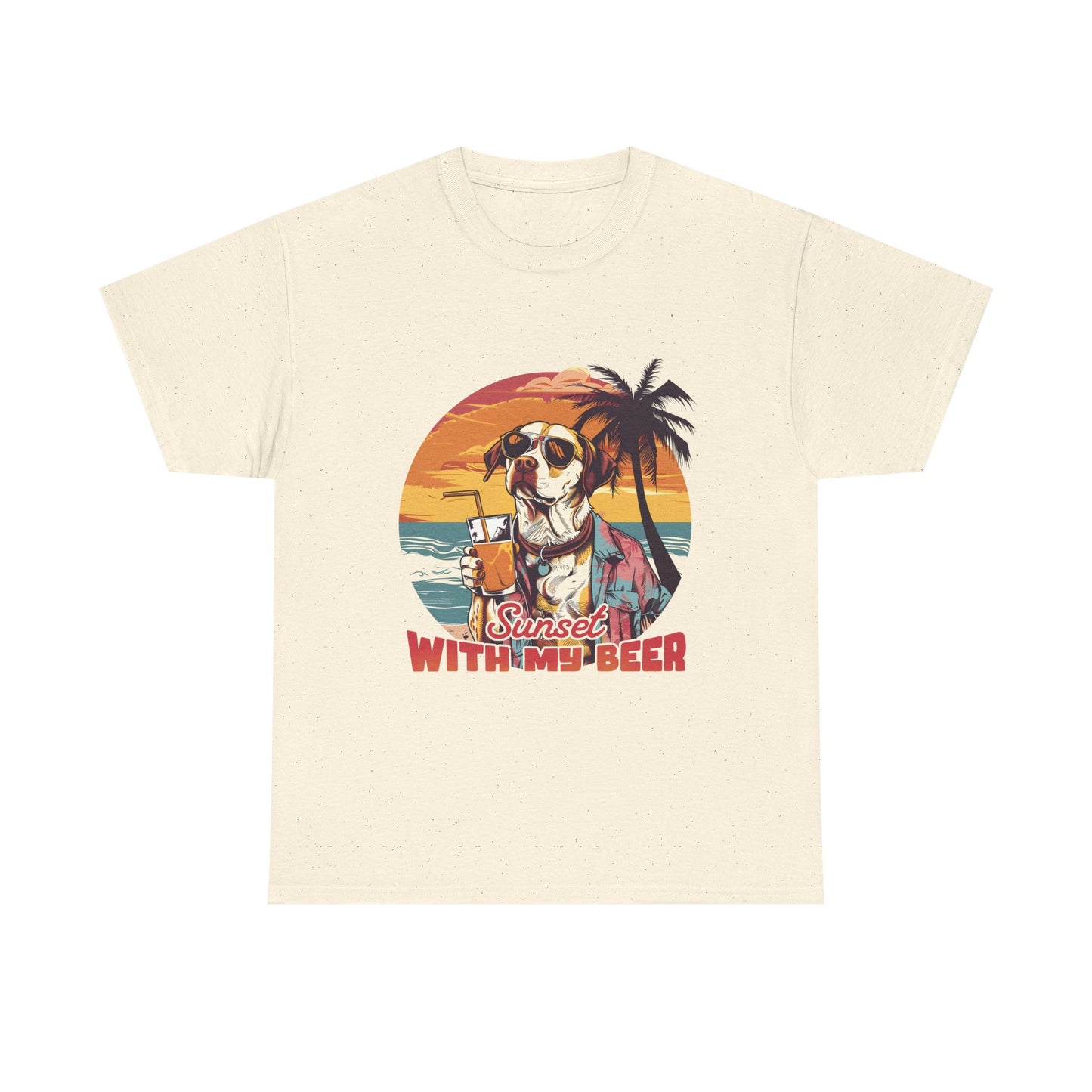 T-Shirt — Sunset With My Beer Dog Graphic Tee — Retro Tropical Beach Vibes