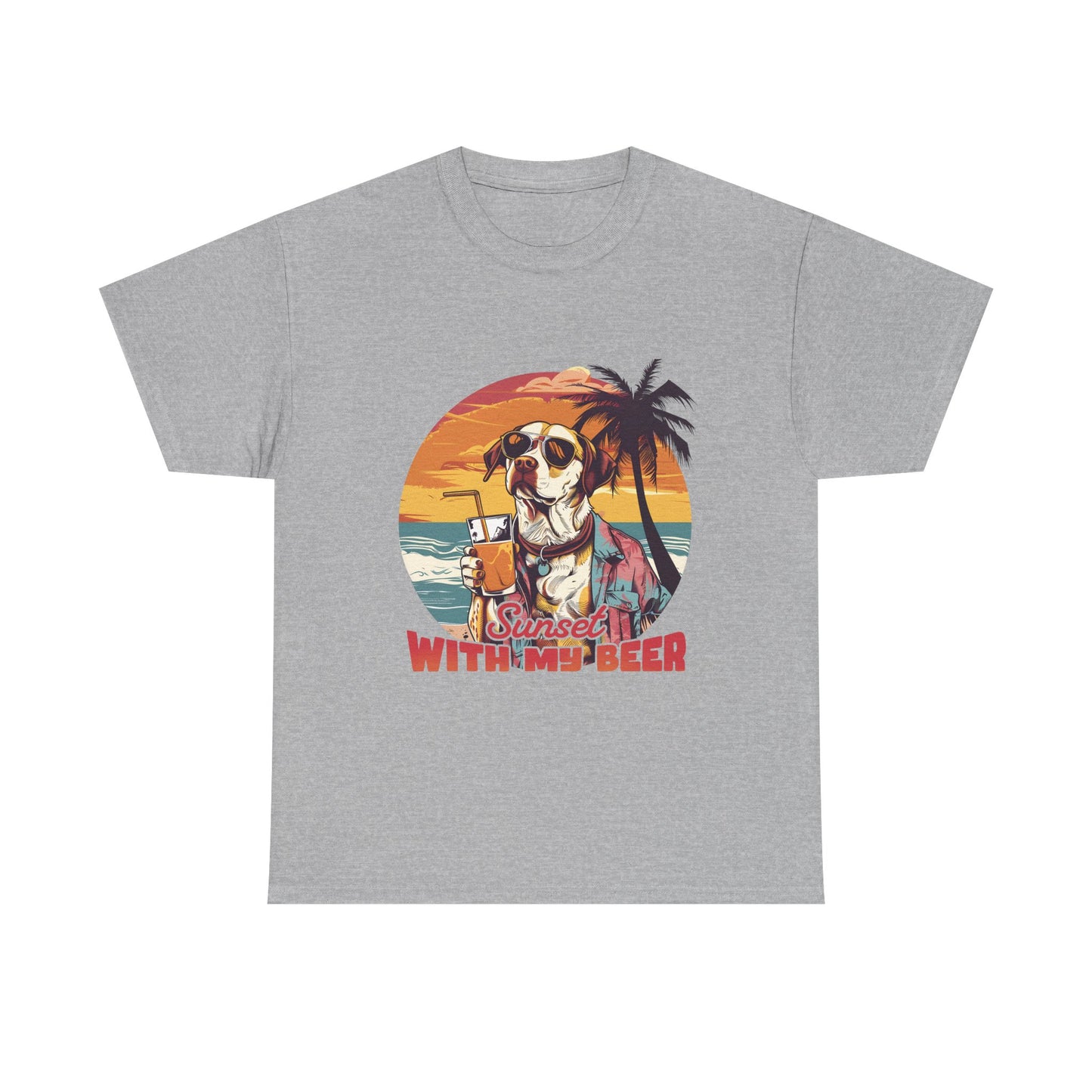 T-Shirt — Sunset With My Beer Dog Graphic Tee — Retro Tropical Beach Vibes