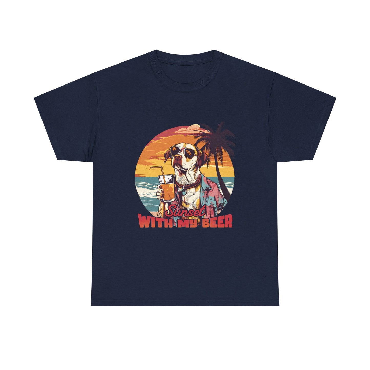 T-Shirt — Sunset With My Beer Dog Graphic Tee — Retro Tropical Beach Vibes