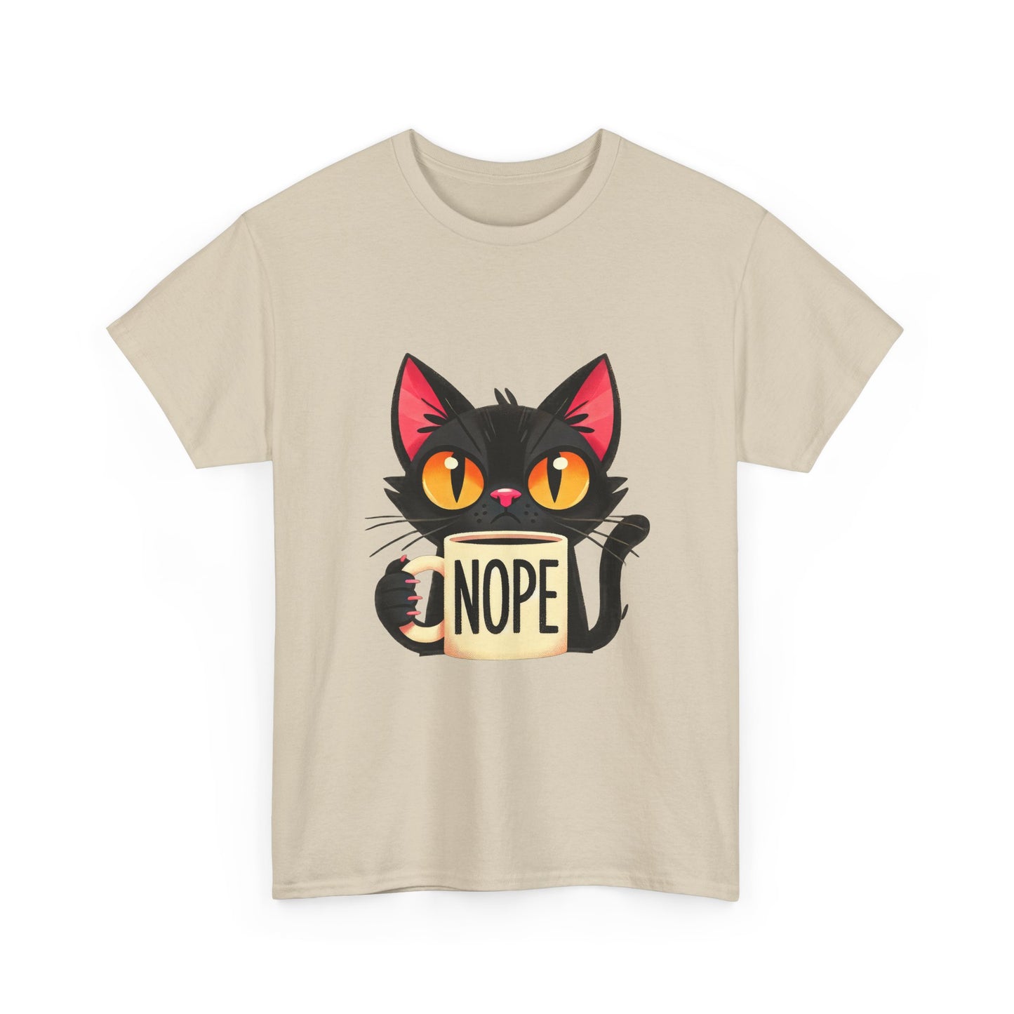 Cat 'Nope' T-Shirt — Cute Black Cat Holding 'NOPE' Mug Graphic Tee