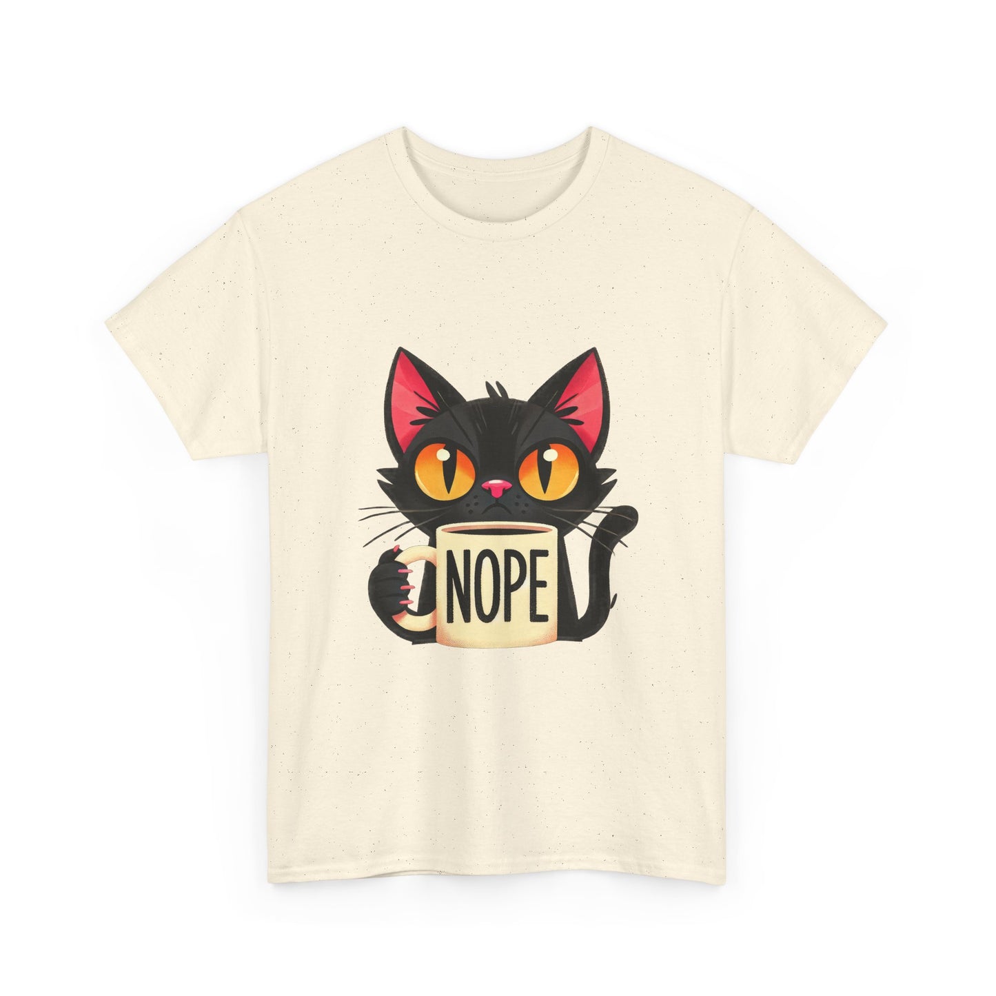 Cat 'Nope' T-Shirt — Cute Black Cat Holding 'NOPE' Mug Graphic Tee