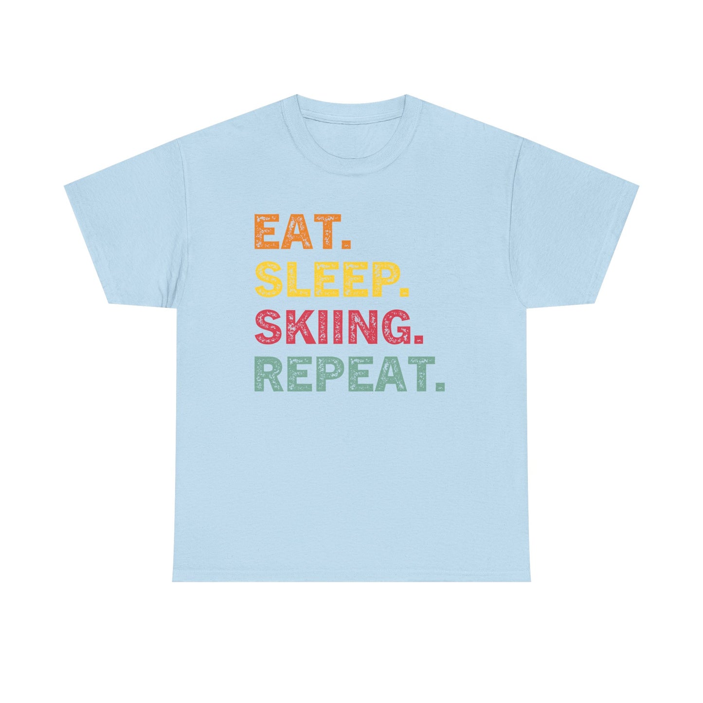 Ski T-Shirt — “Eat. Sleep. Skiing. Repeat.” Retro Colorblock Skiing Tee