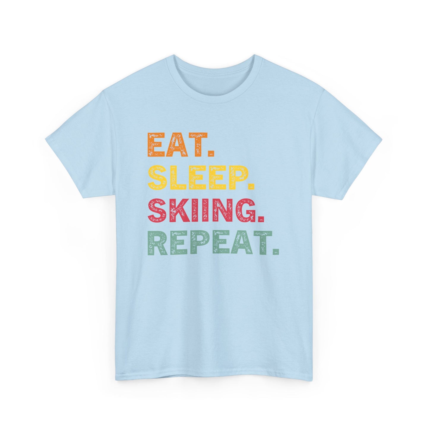 Ski T-Shirt — “Eat. Sleep. Skiing. Repeat.” Retro Colorblock Skiing Tee