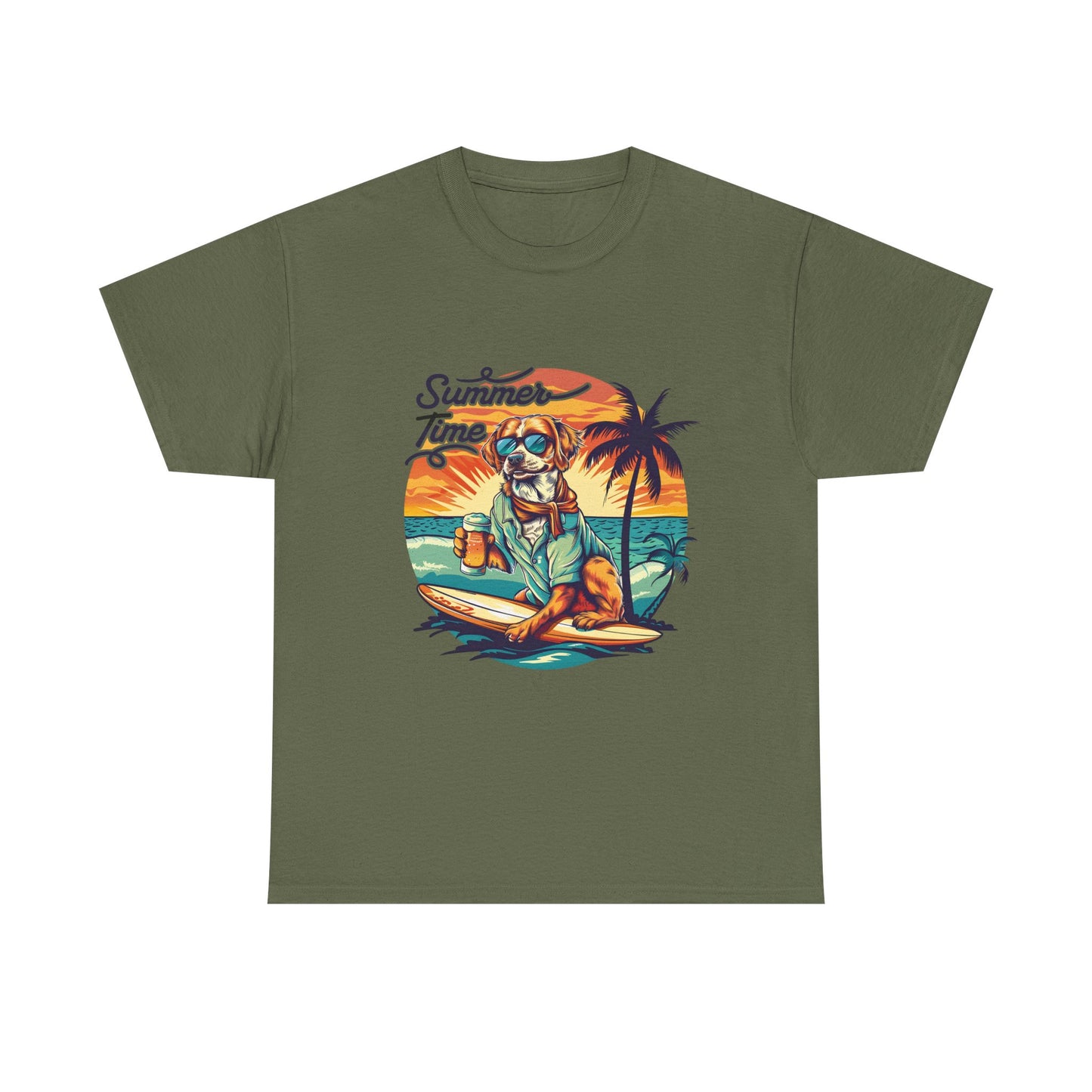 Summer Time Surfer Dog T‑Shirt — Vintage Beach Palm Surfing Dog Tee