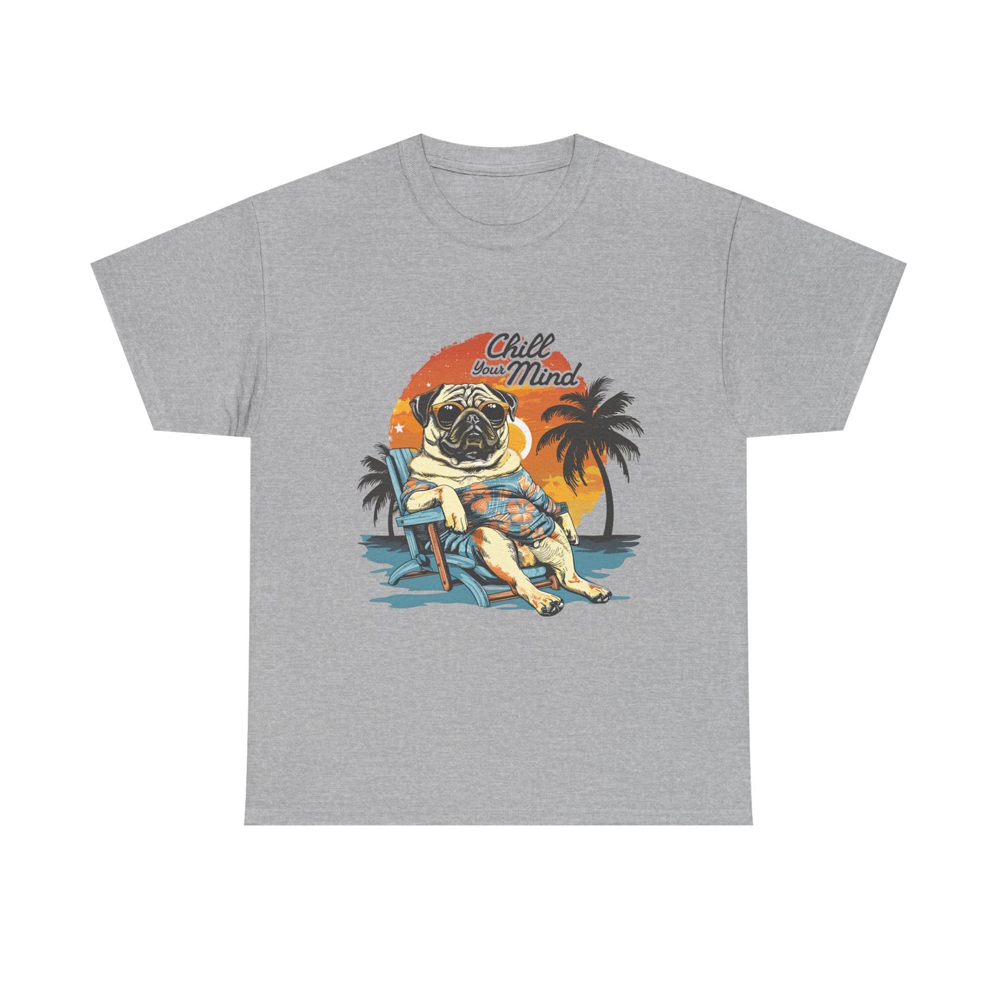 Chill Mind Pug Beach Tee — Retro Palm Sunset Vacation T‑Shirt