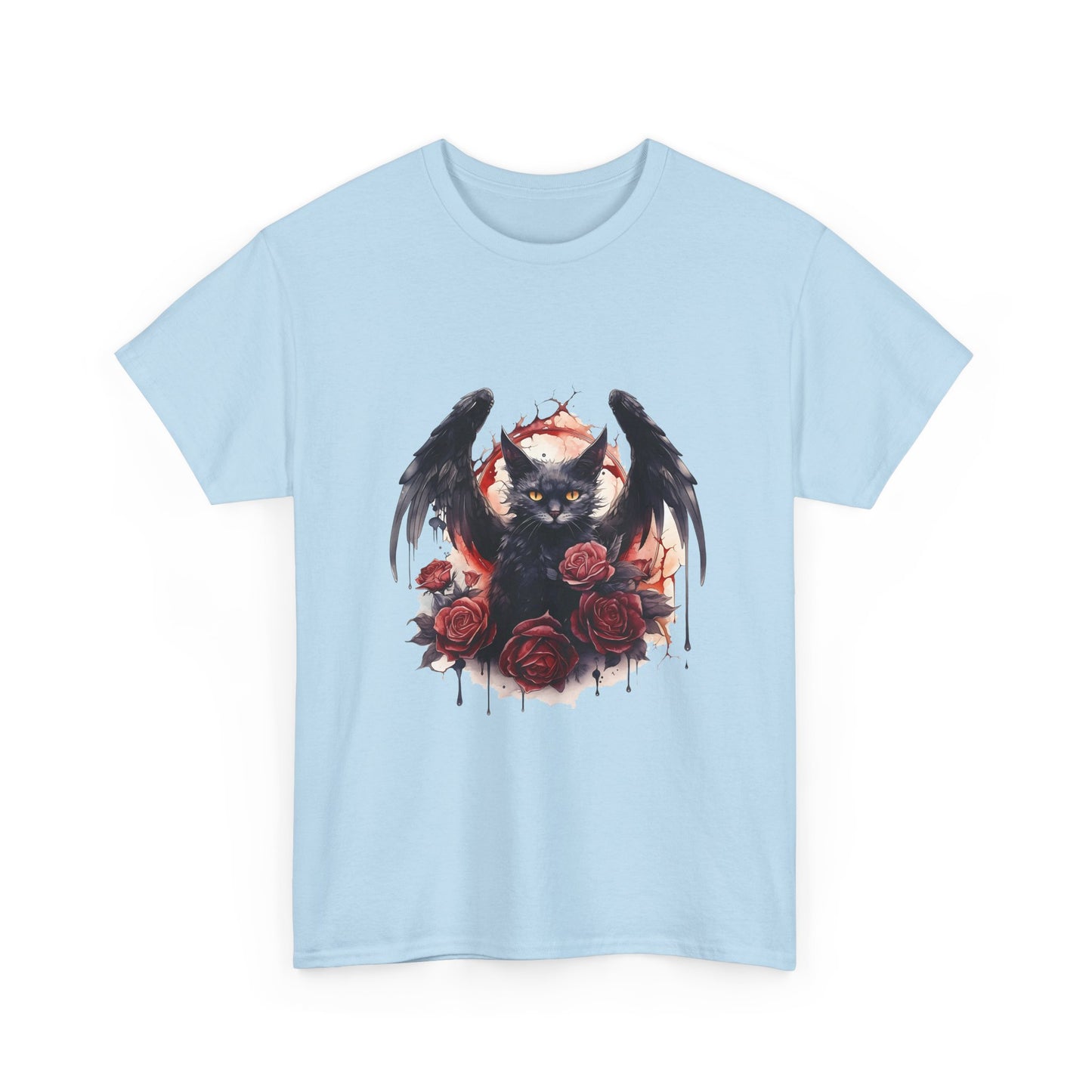 Cat Demon Tee — Gothic Bat-Wing Cat with Roses Graphic Shirt