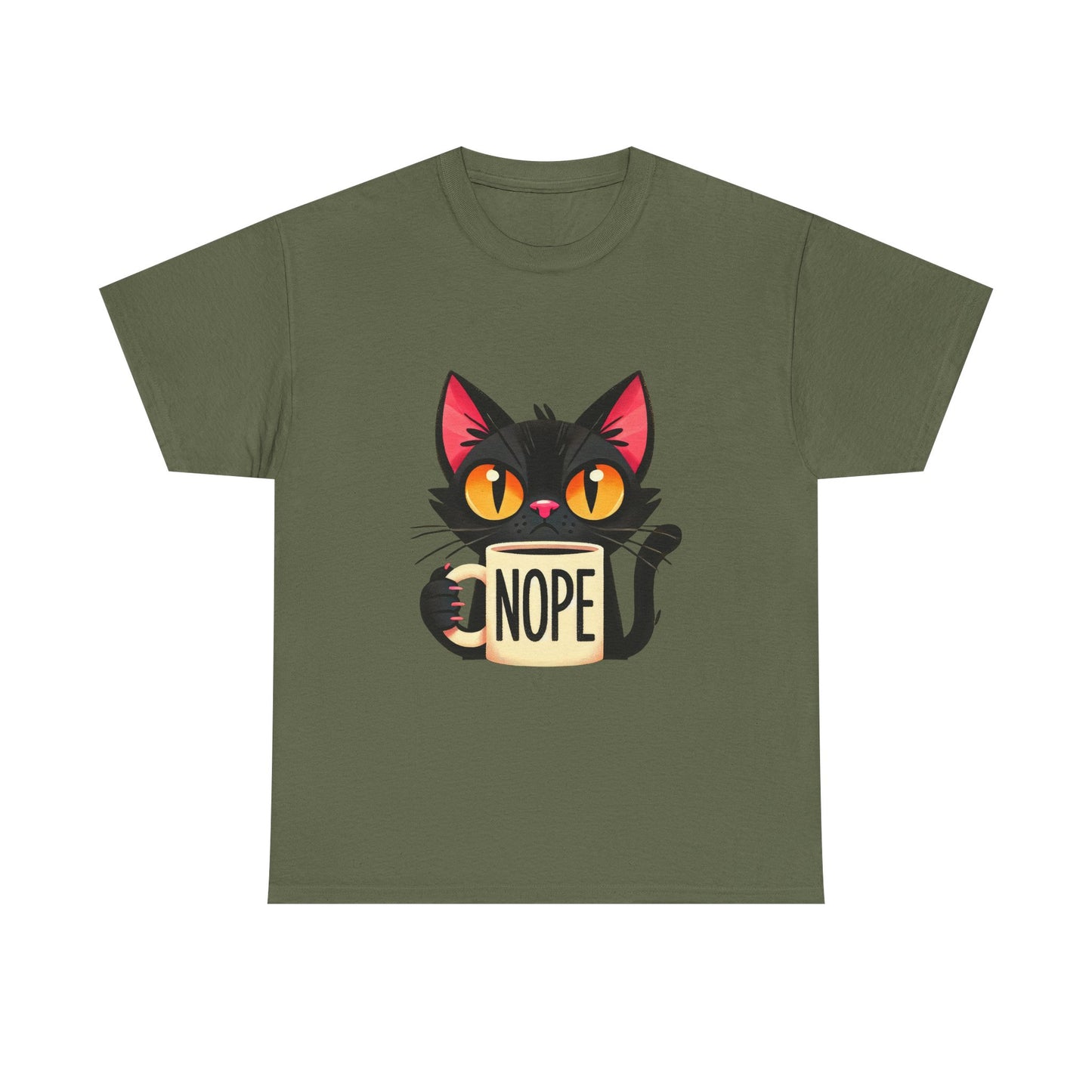 Cat 'Nope' T-Shirt — Cute Black Cat Holding 'NOPE' Mug Graphic Tee