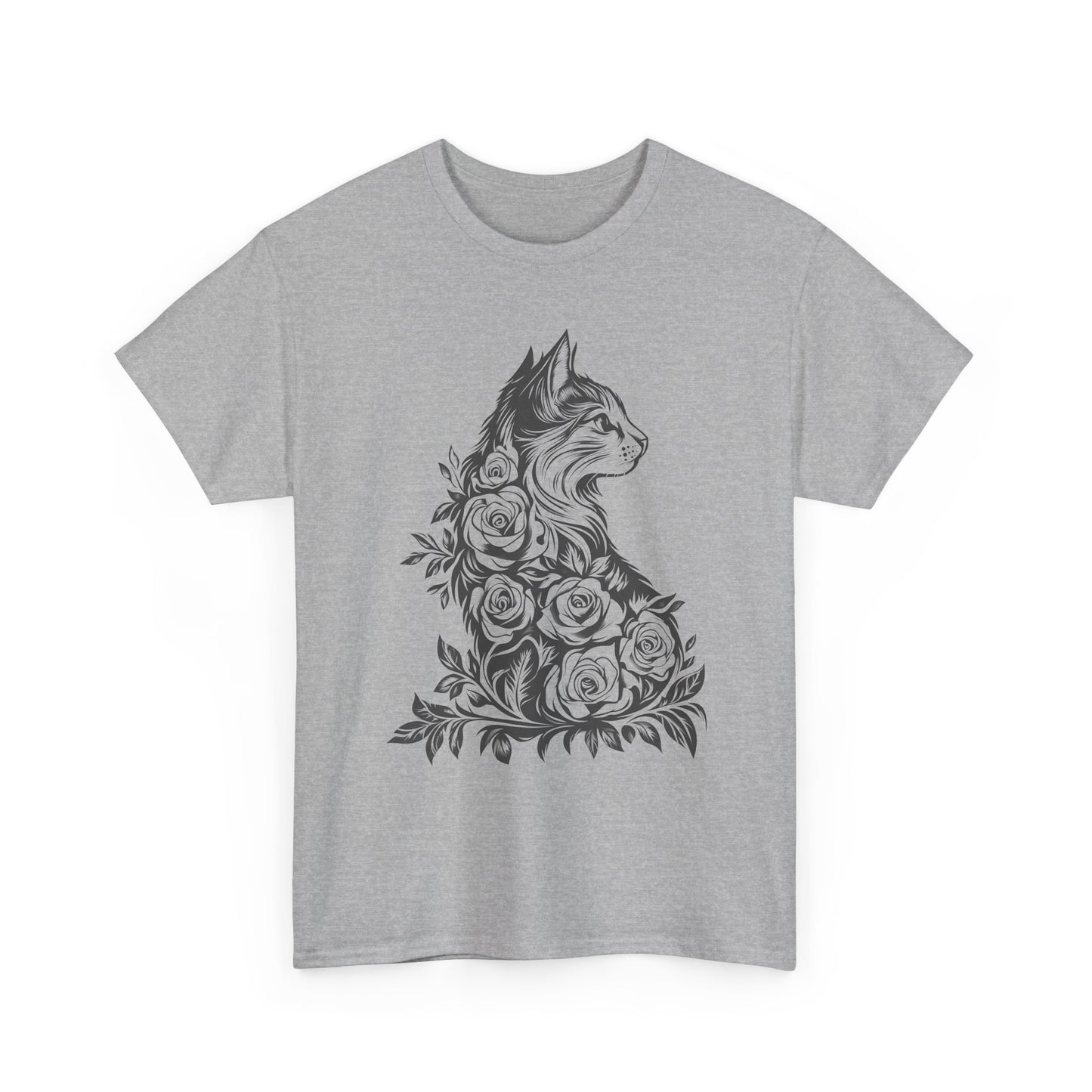 Floral Cat Tee — Vintage Black & White Cat with Roses T-Shirt