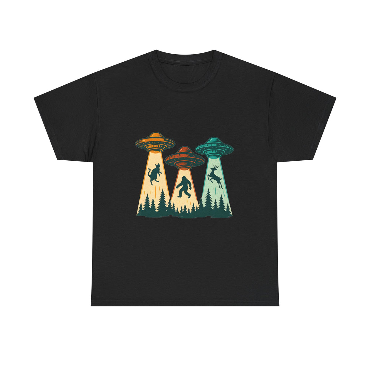 Alien Abduction UFO Tee — Retro Forest Beams T‑Shirt