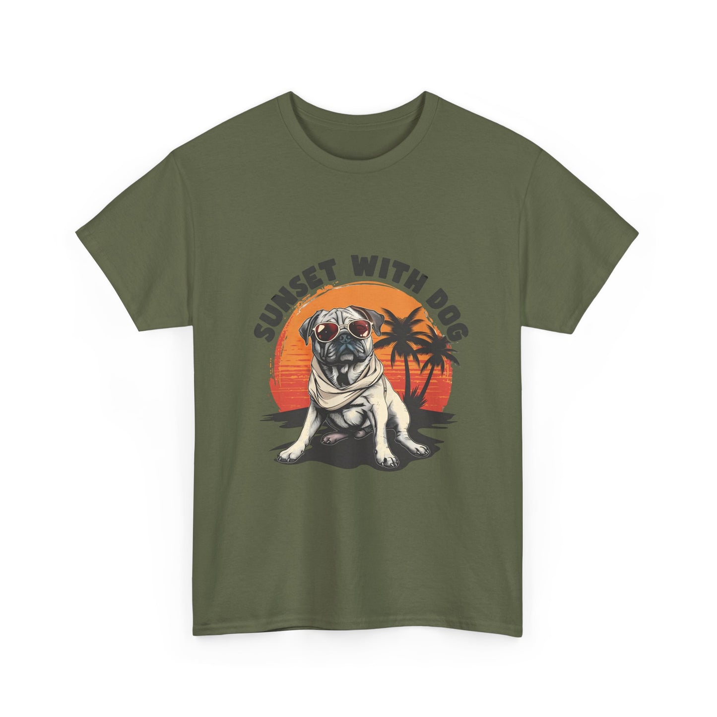 Sunset With Dog T-Shirt – Retro Beach Pug Tee