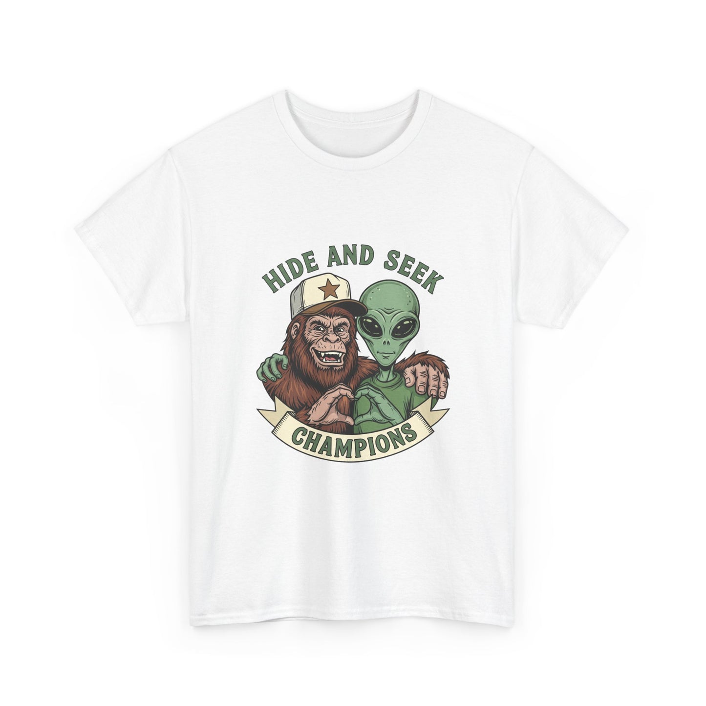 Hide and Seek Champions T-Shirt — Bigfoot & Alien Graphic Tee