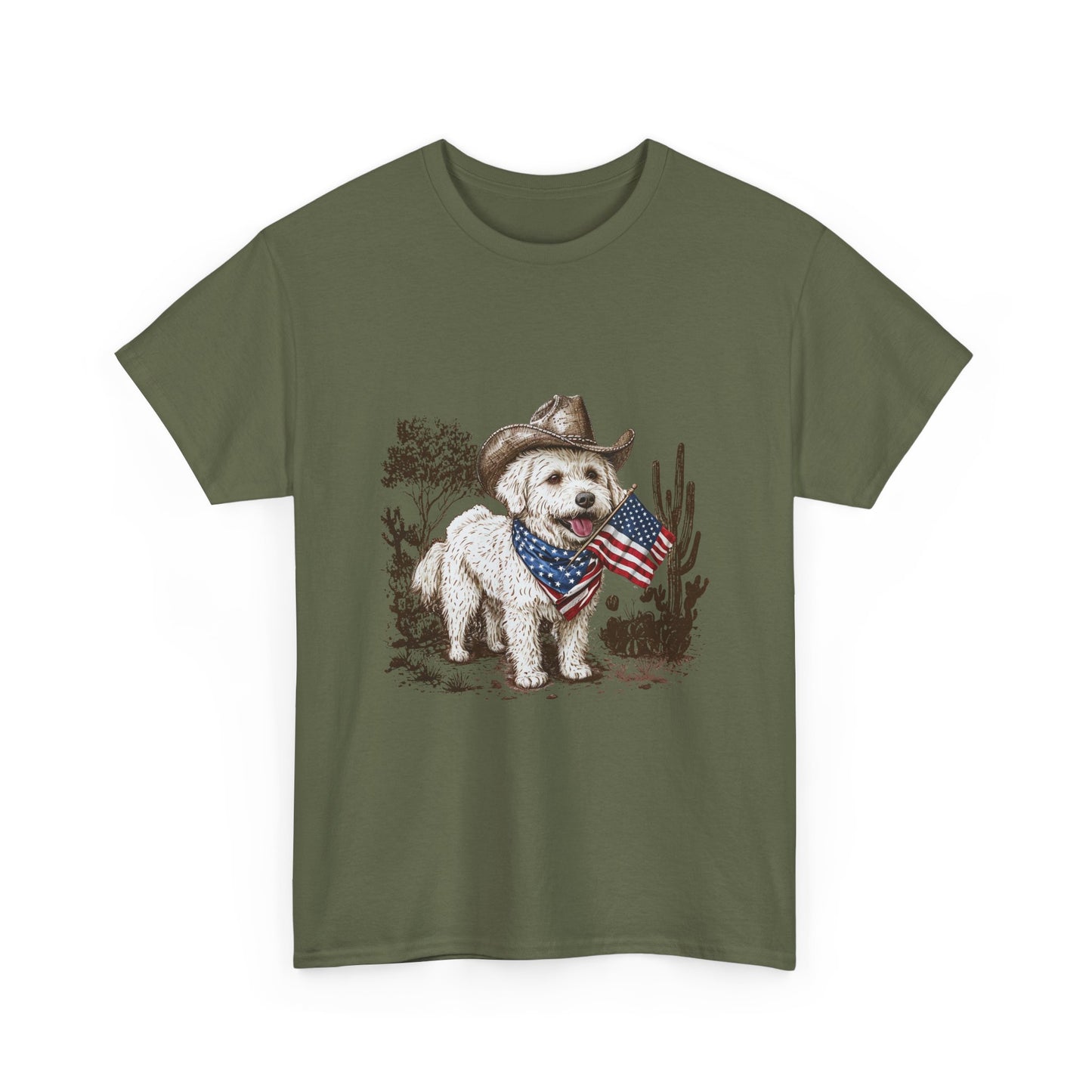 Patriotic Puppy Tee — Cowboy Dog with American Flag