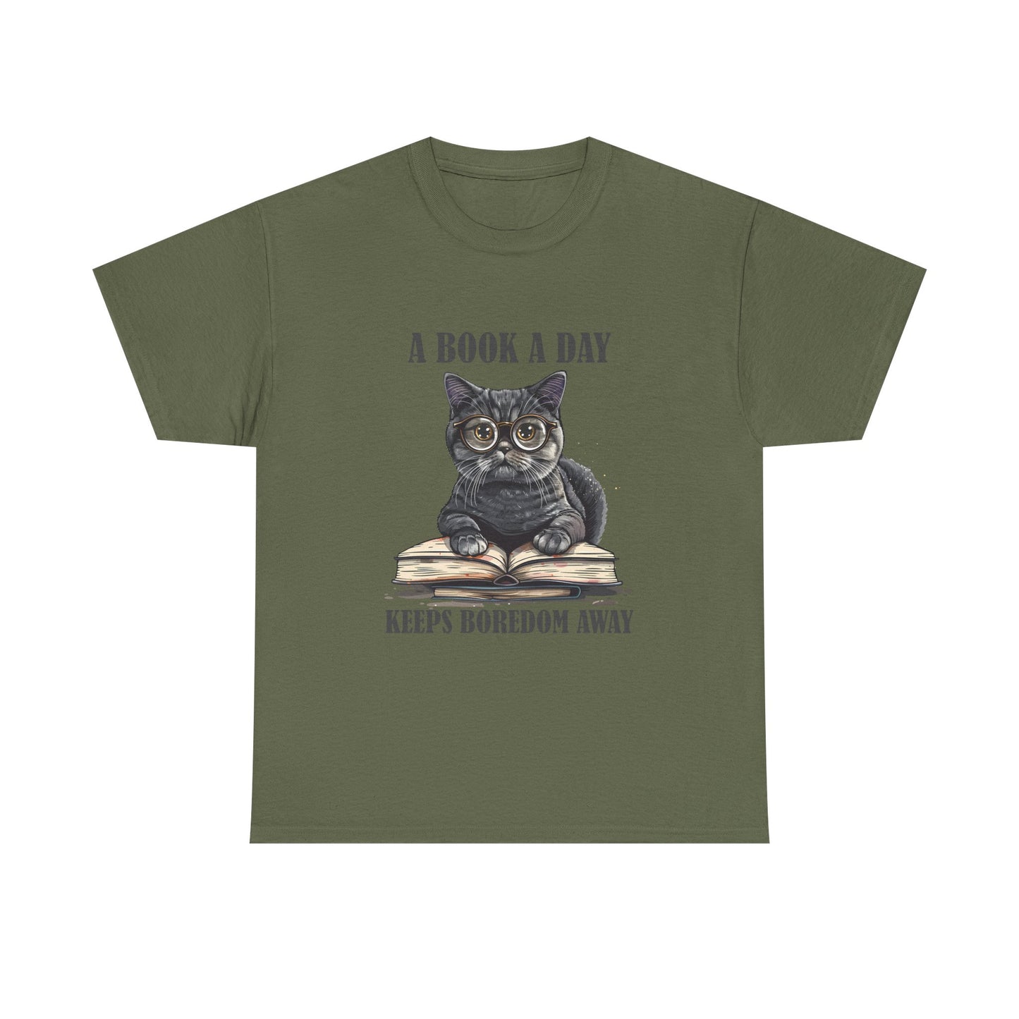 T-Shirt — "A Book a Day Keeps Boredom Away" Cat Reading Graphic Tee