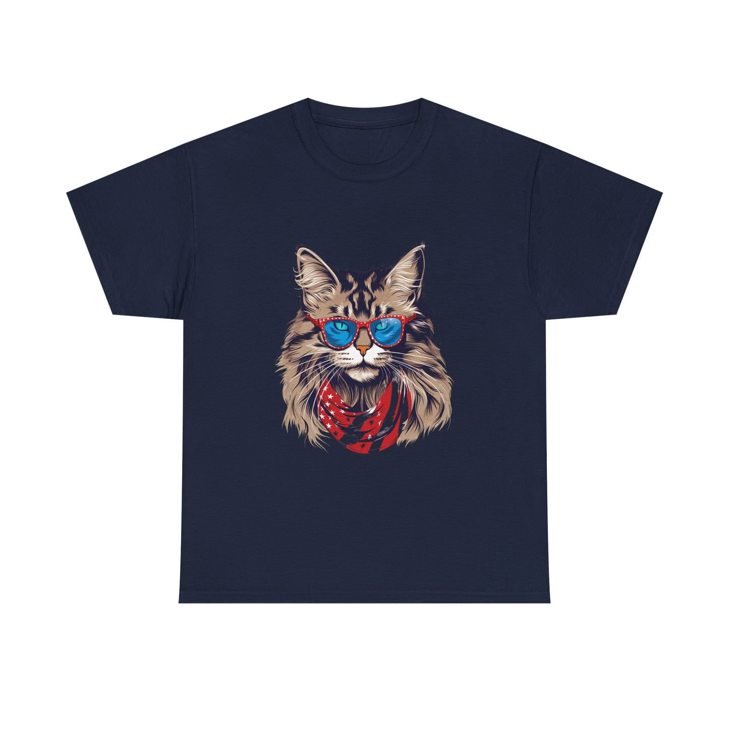 Patriotic Cat Tee — Cat with American Flag Bandana & Sunglasses T-Shirt