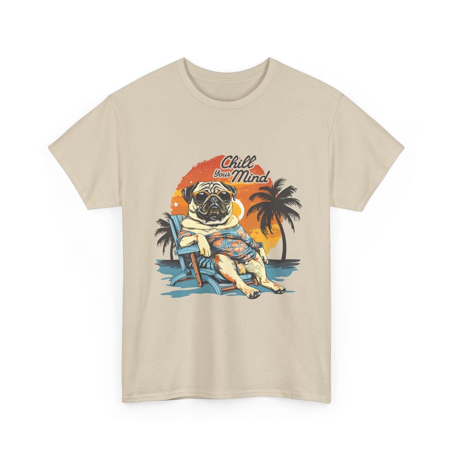 Pug “Chill Your Mind” Beach T-Shirt — Retro Palm Sunset Vacation Tee