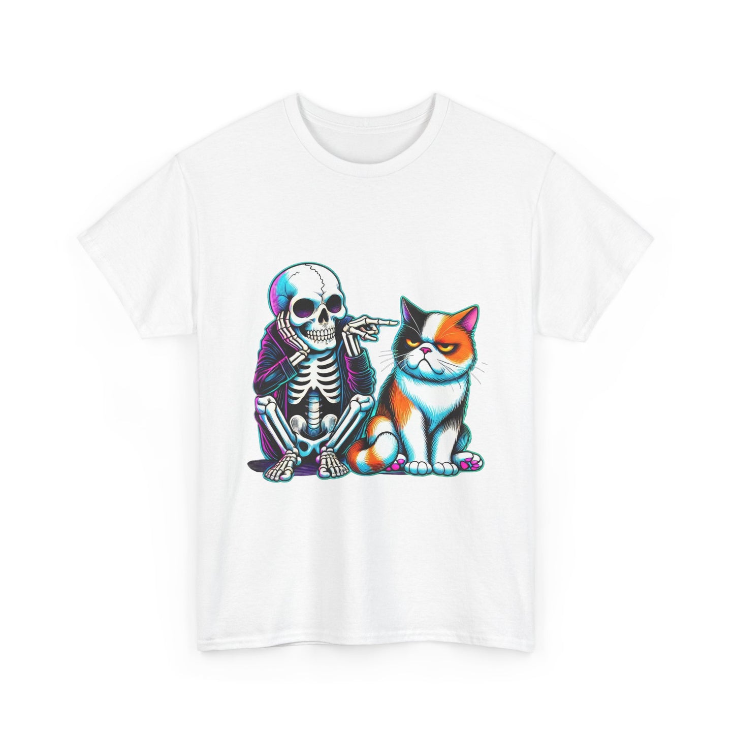 Skeleton & Cat Graphic Tee — Retro Neon Spooky Cat Shirt