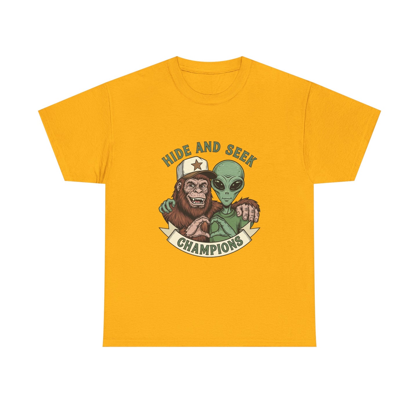 Hide and Seek Champions T-Shirt — Bigfoot & Alien Graphic Tee