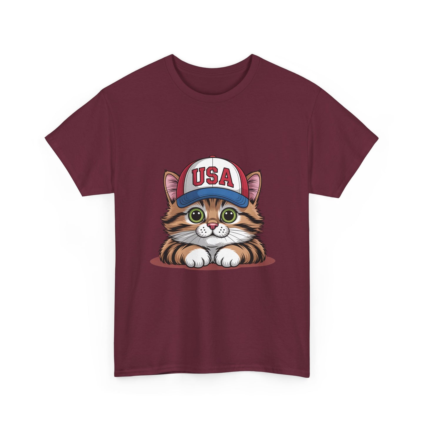 USA Kitten T-Shirt – Cute Cat Wearing USA Cap, Patriotic Fourth of July Tee