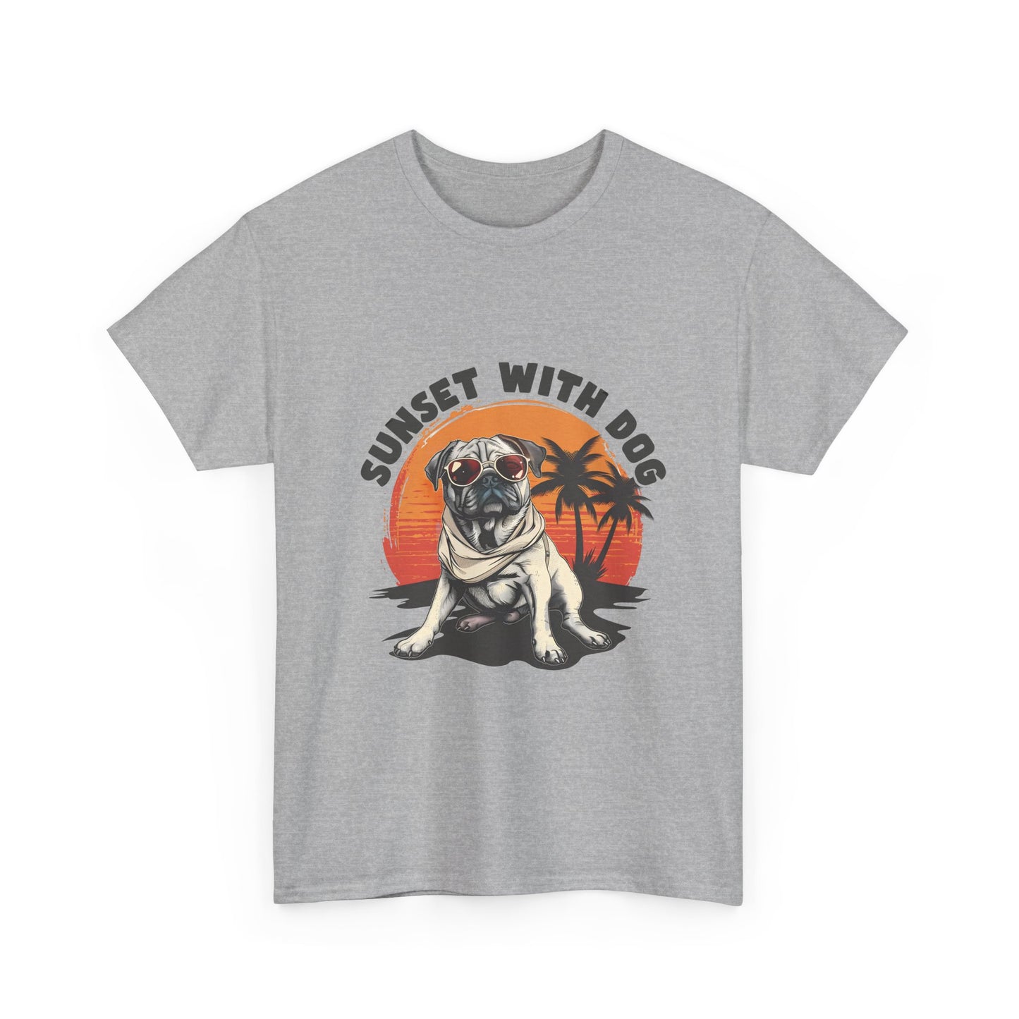 Sunset With Dog T-Shirt – Retro Beach Pug Tee
