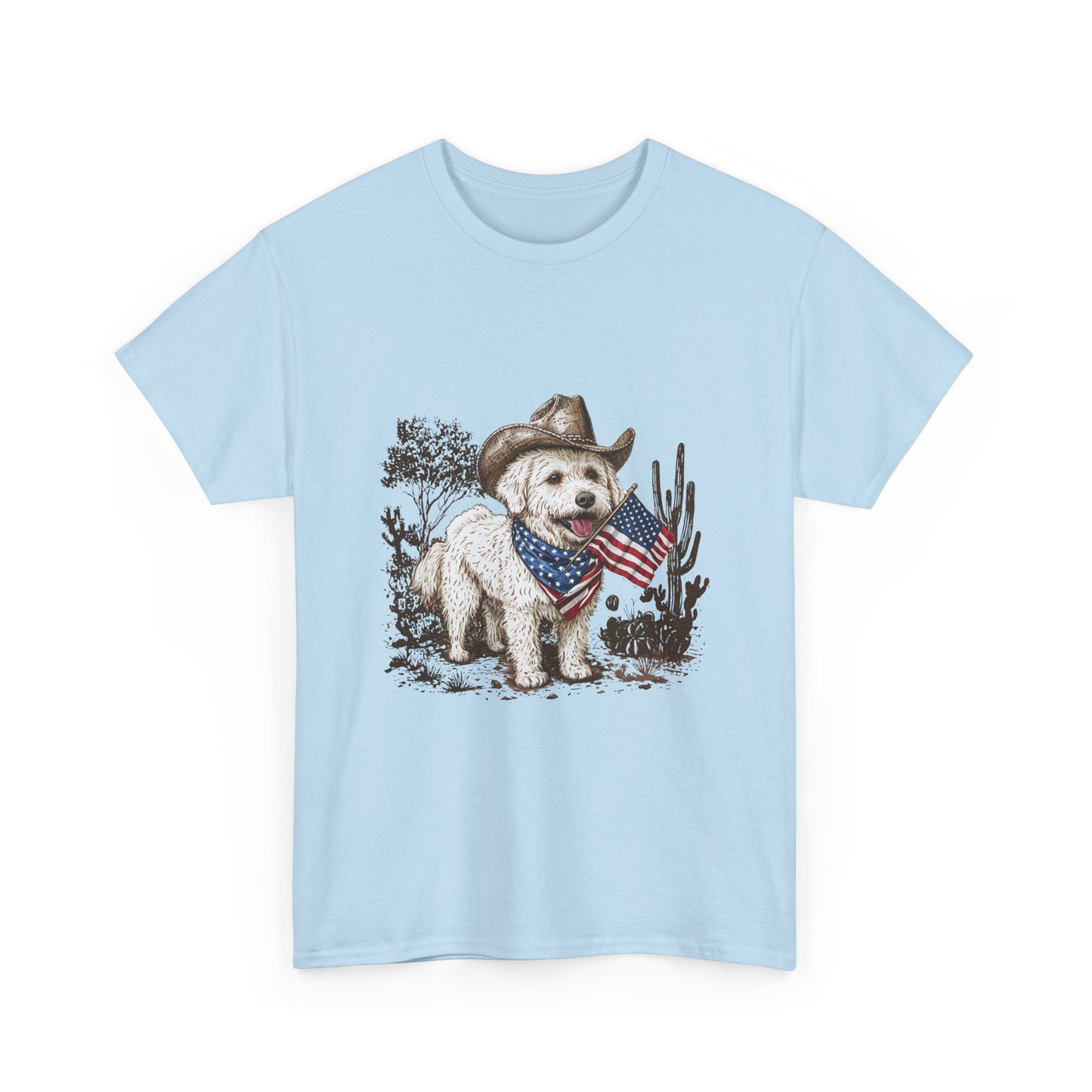 Patriotic Puppy Tee — Cowboy Dog with American Flag