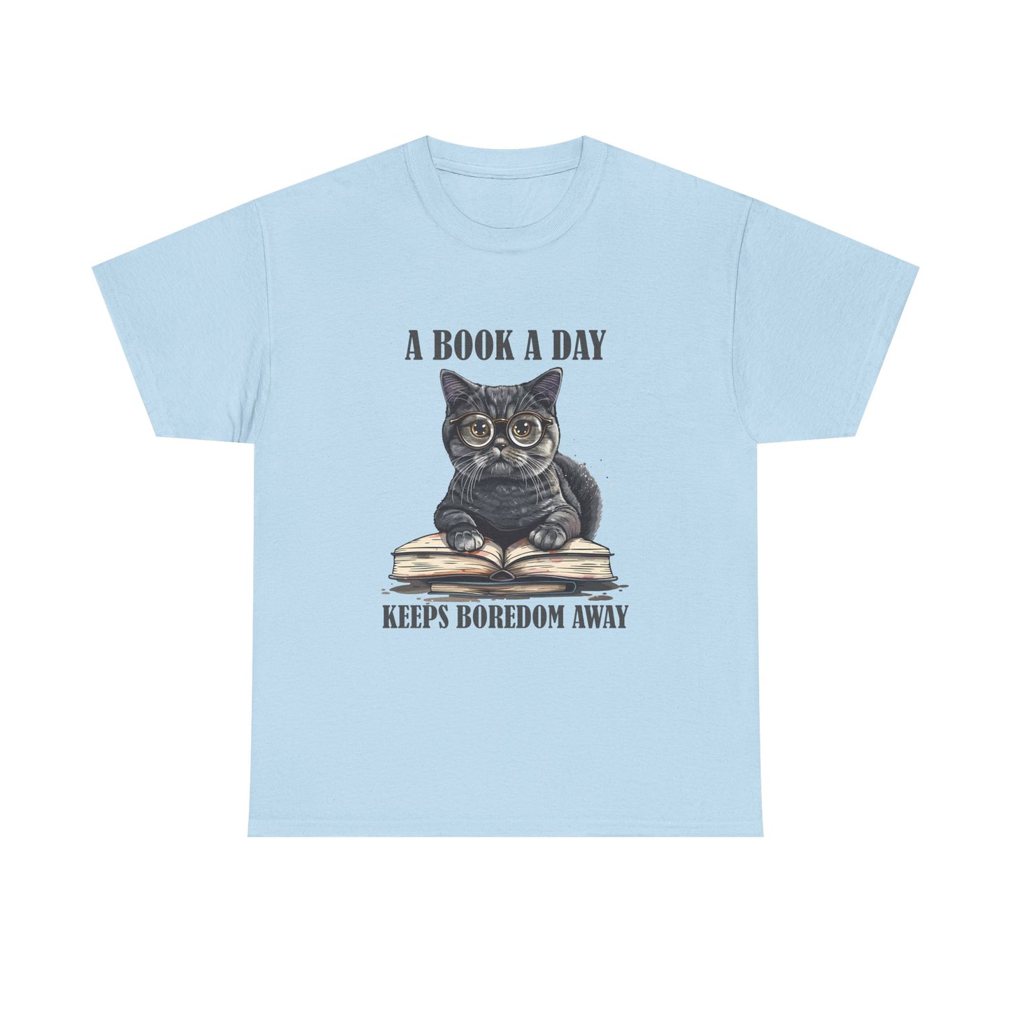 T-Shirt — "A Book a Day Keeps Boredom Away" Cat Reading Graphic Tee