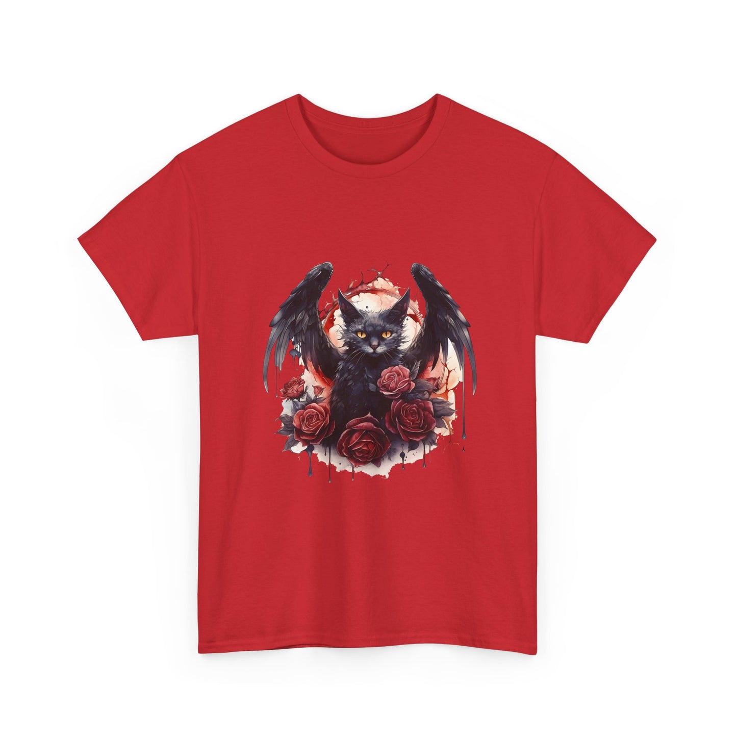 Cat Demon Tee — Gothic Bat-Wing Cat with Roses Graphic Shirt