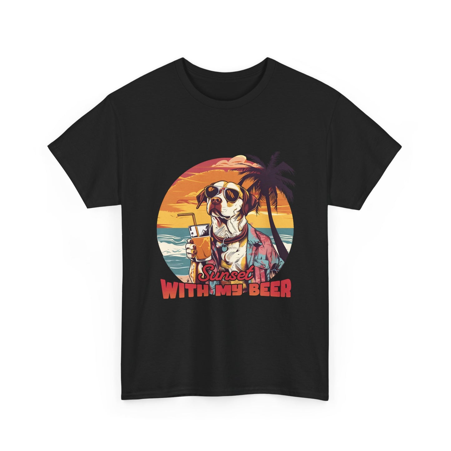 T-Shirt — Sunset With My Beer Dog Graphic Tee — Retro Tropical Beach Vibes