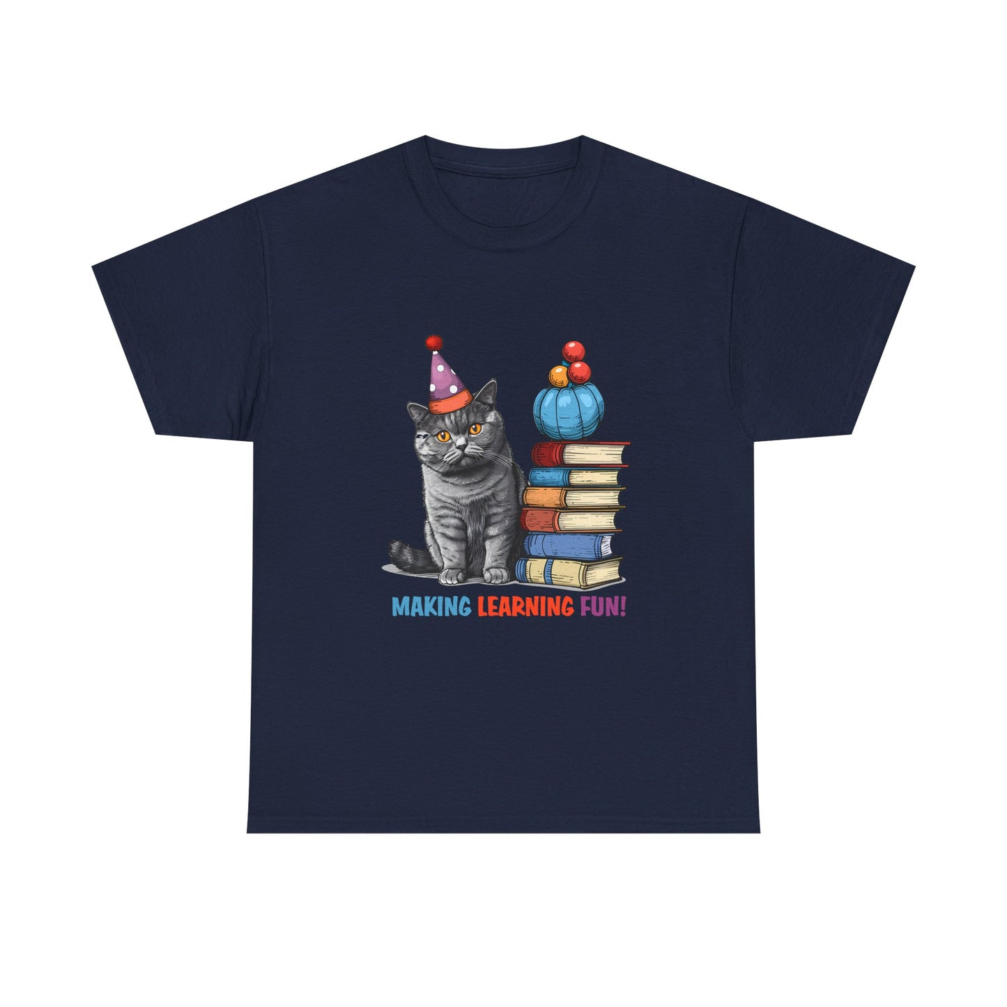 Cat Teacher T-Shirt — "Making Learning Fun!" Cute School Cat with Books Tee