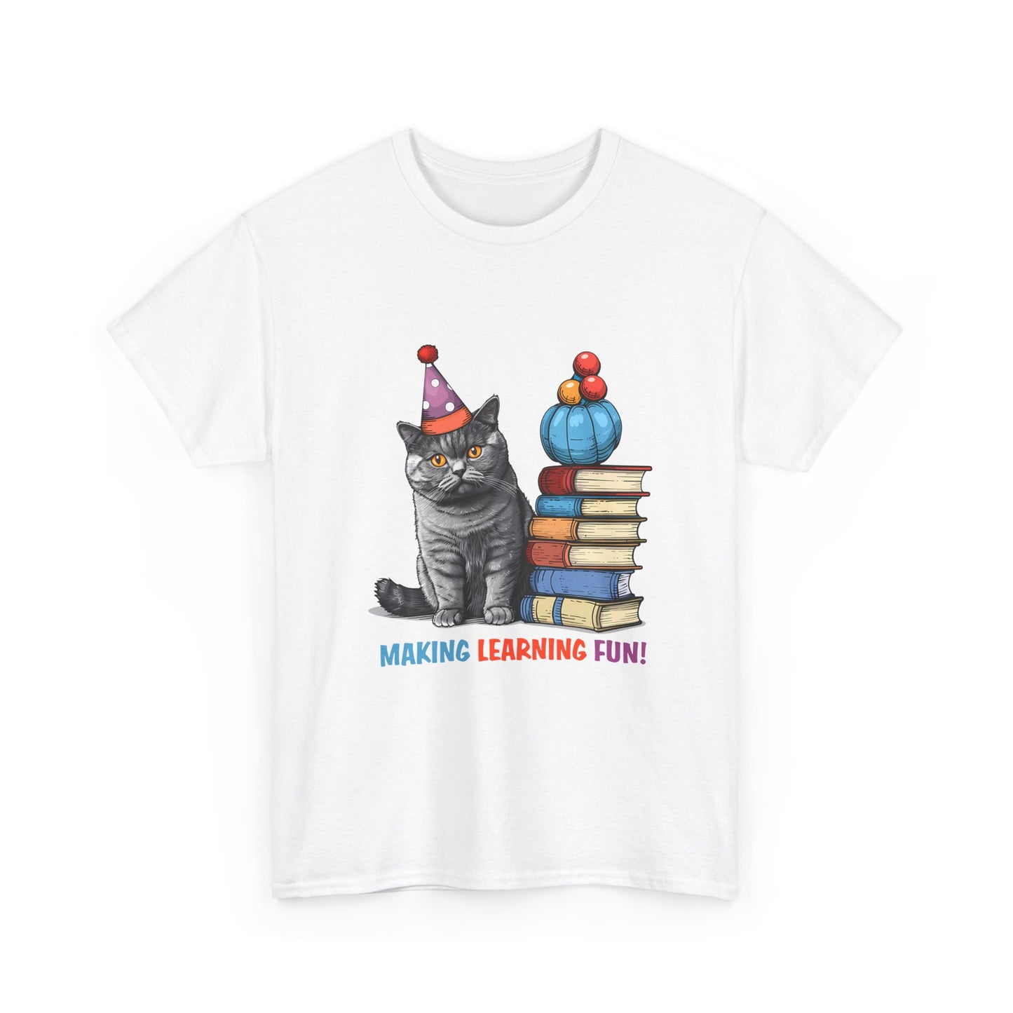 Cat Teacher T-Shirt — "Making Learning Fun!" Cute School Cat with Books Tee