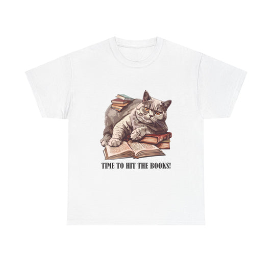 Cat & Books T-Shirt — "Time to Hit the Books" Cute Study Cat Tee