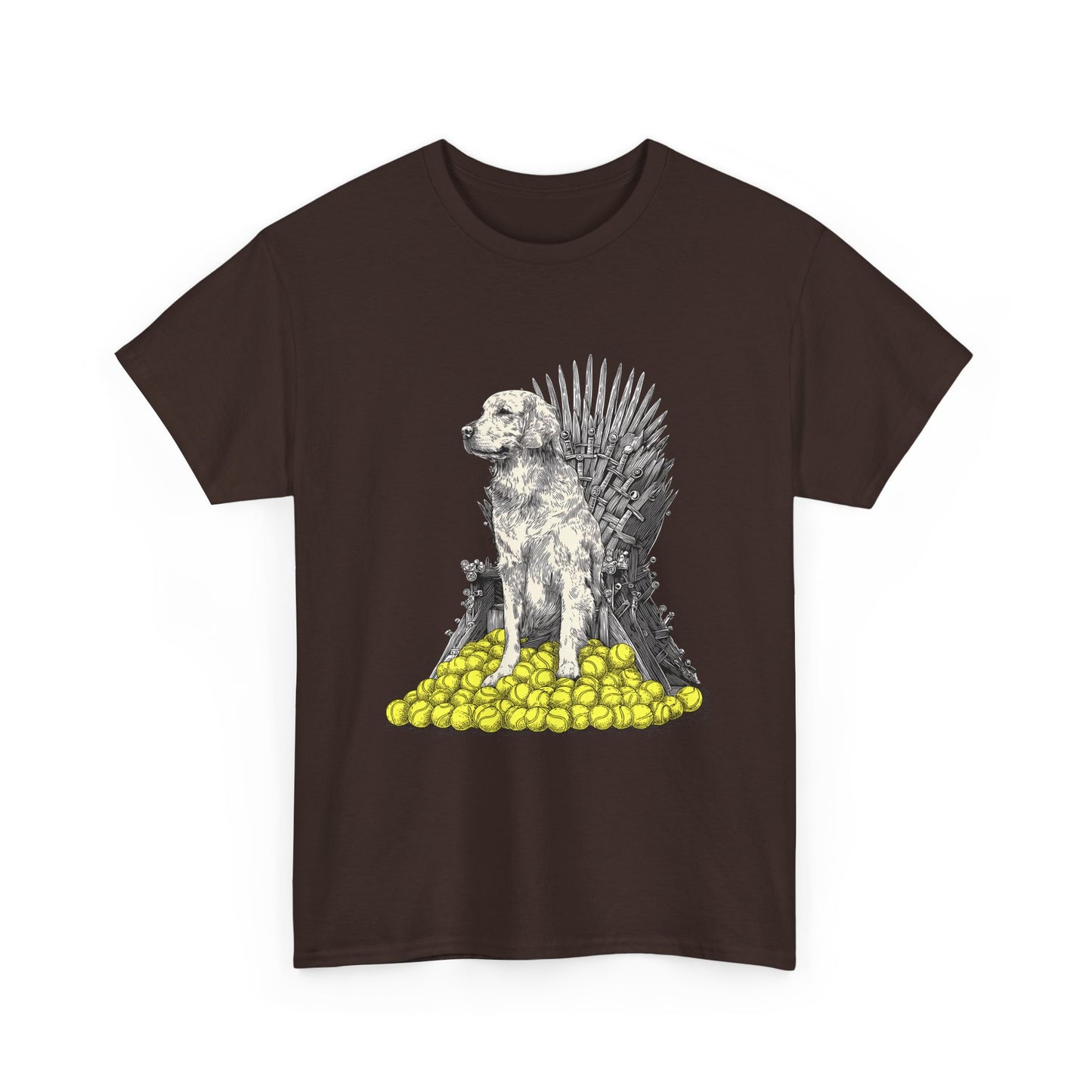 Dog Throne T‑Shirt — Dog on Iron Throne of Tennis Balls Graphic Tee